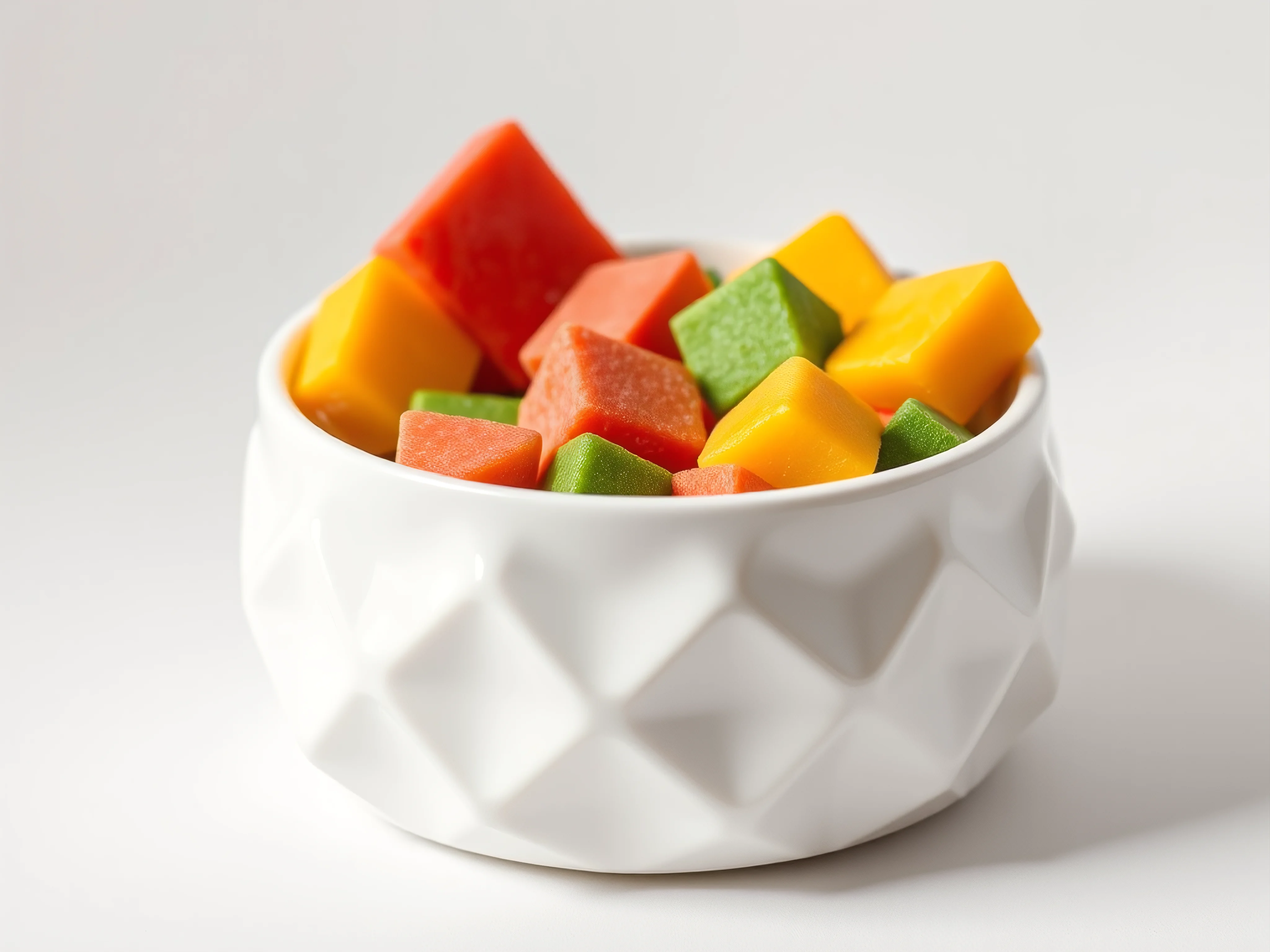 White ceramic pet bowl with vibrant geometric food blocks on a clean white background.