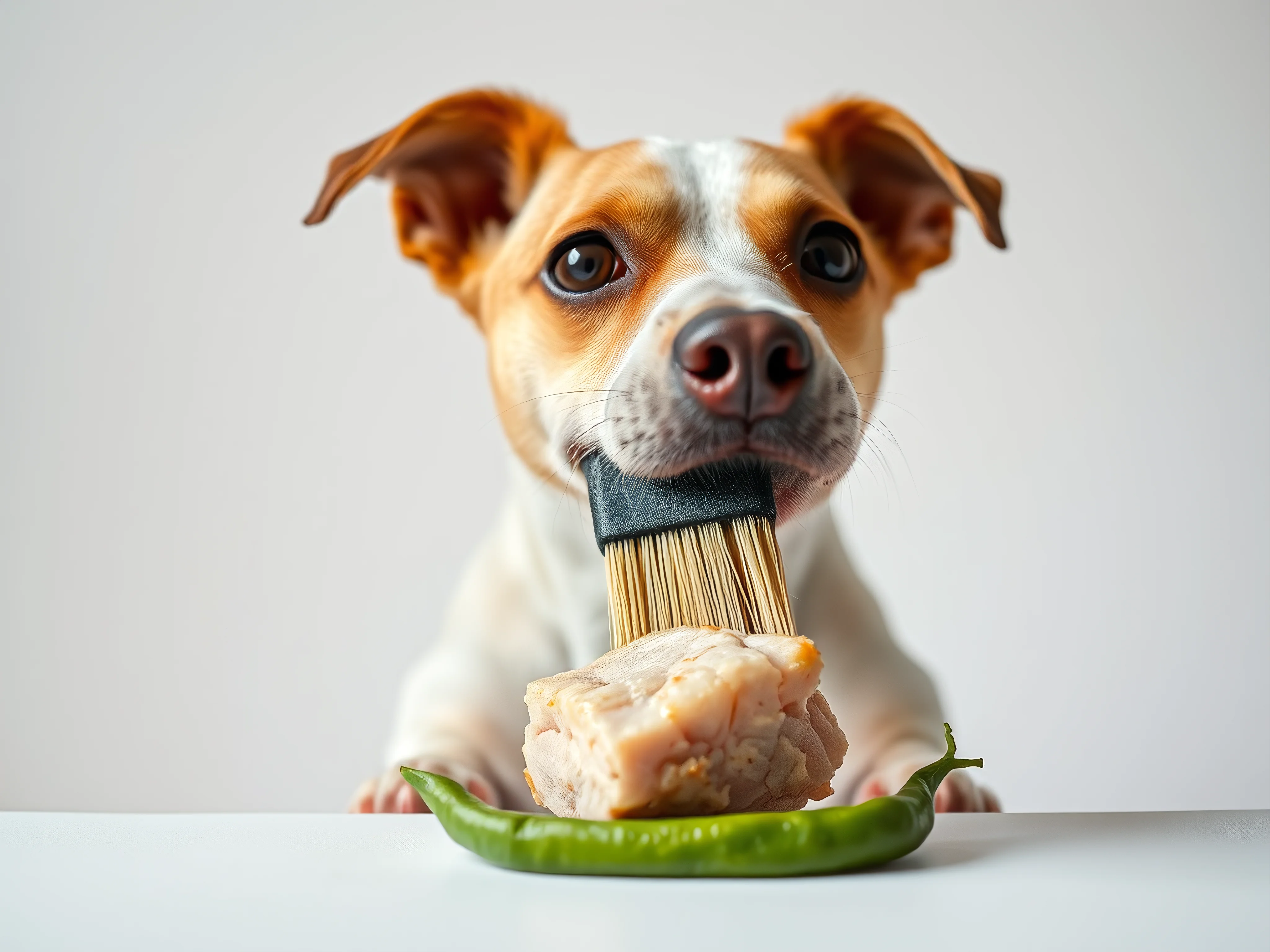 Minimalist fine art: shiny dog brush, turkey, vibrant green bean on white.