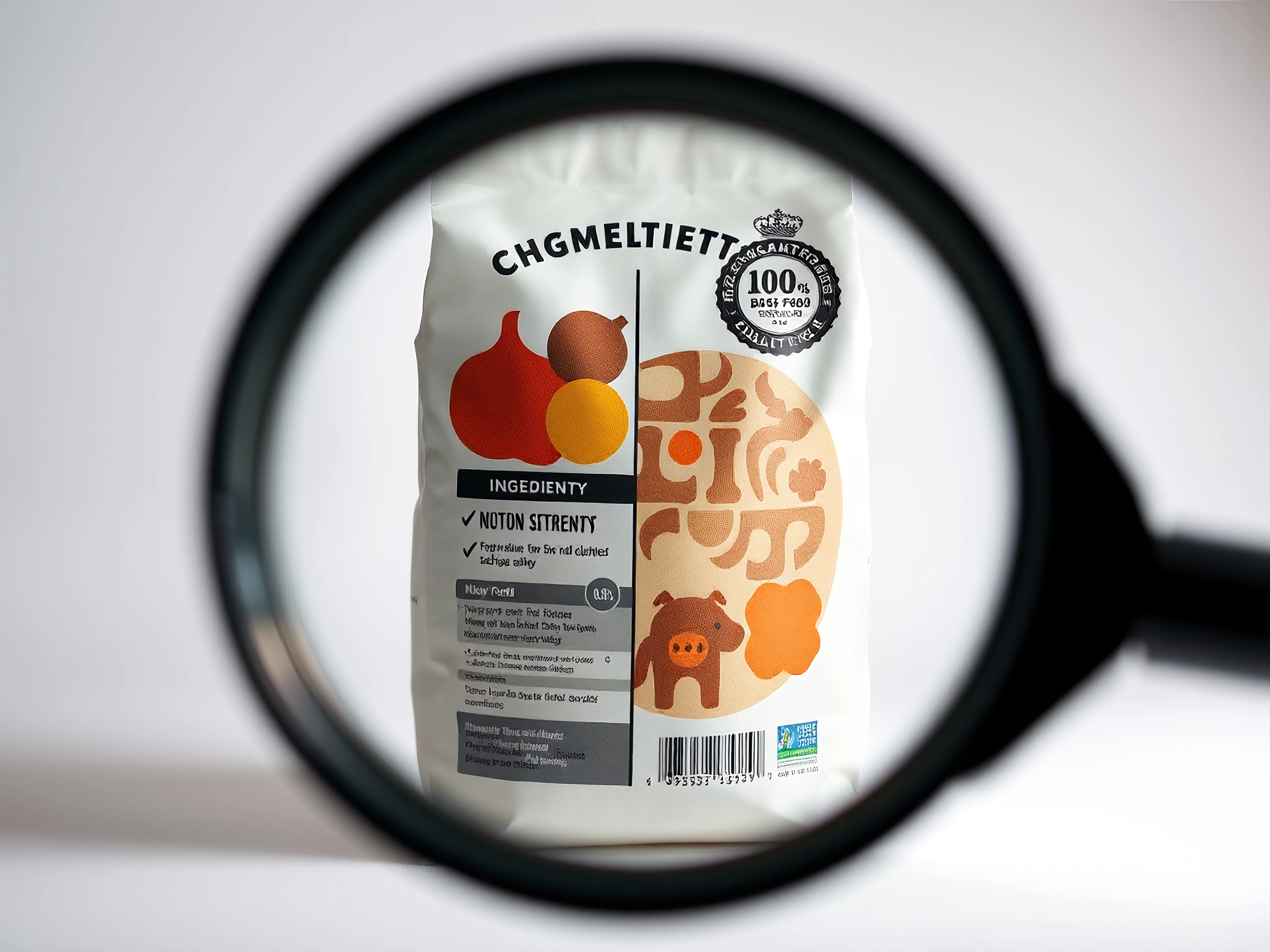 Magnifying glass on dog food label, highlighting quality ingredients, vibrant food shapes, official seal.