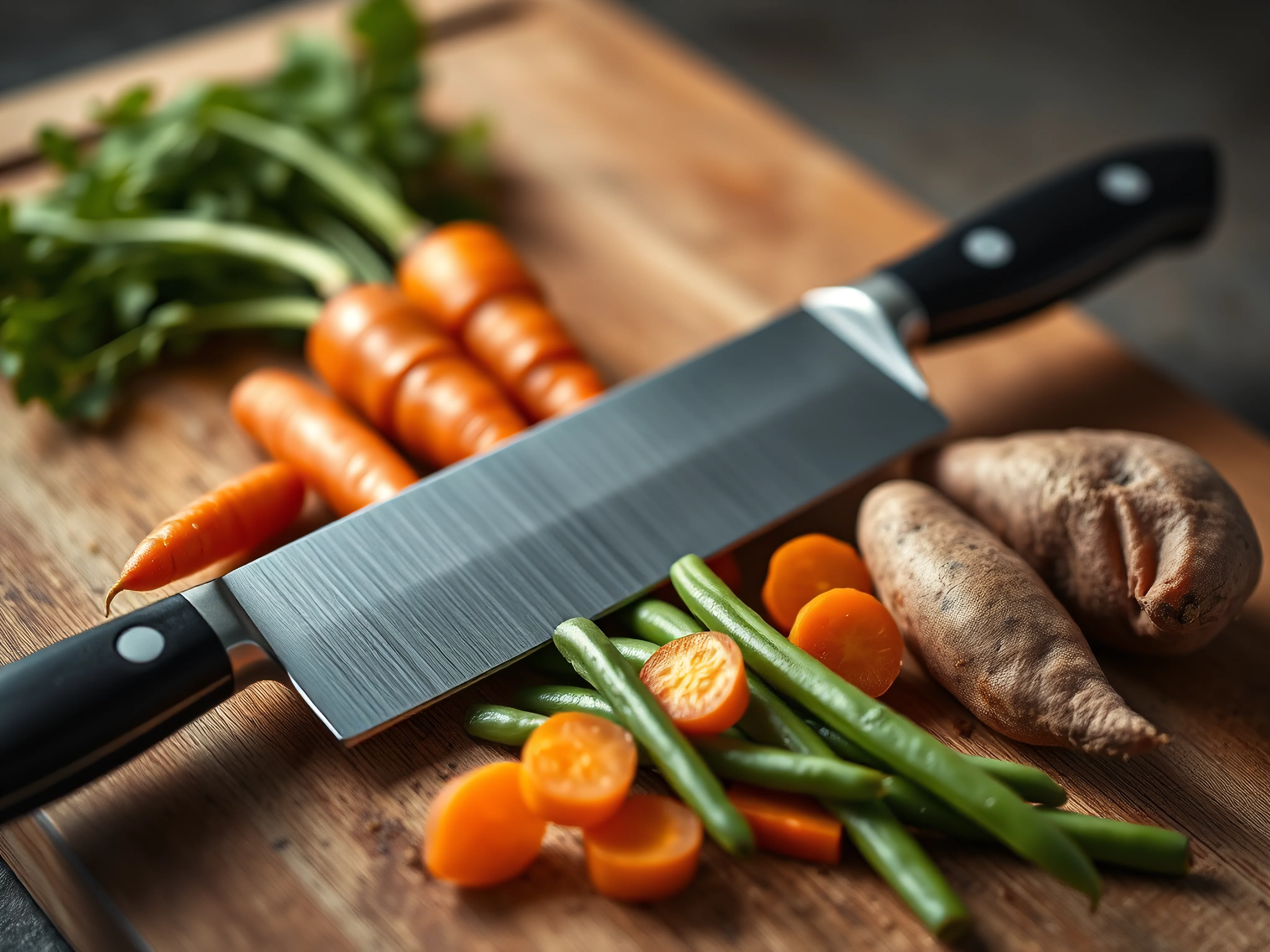Chef knife, carrots, green beans, sweet potato on a wooden cutting board.