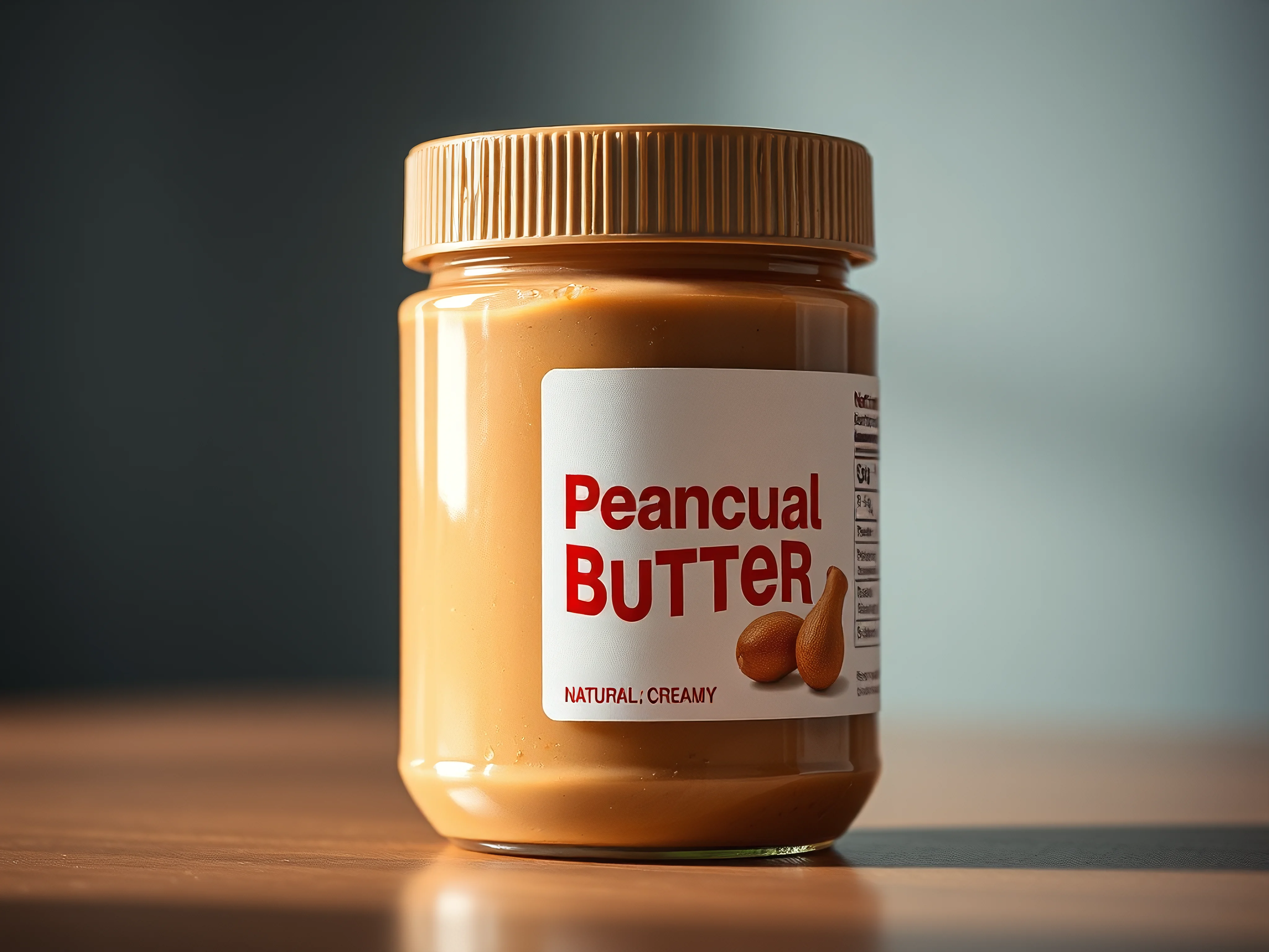 Natural creamy peanut butter in a clear glass jar with a red warning graphic.