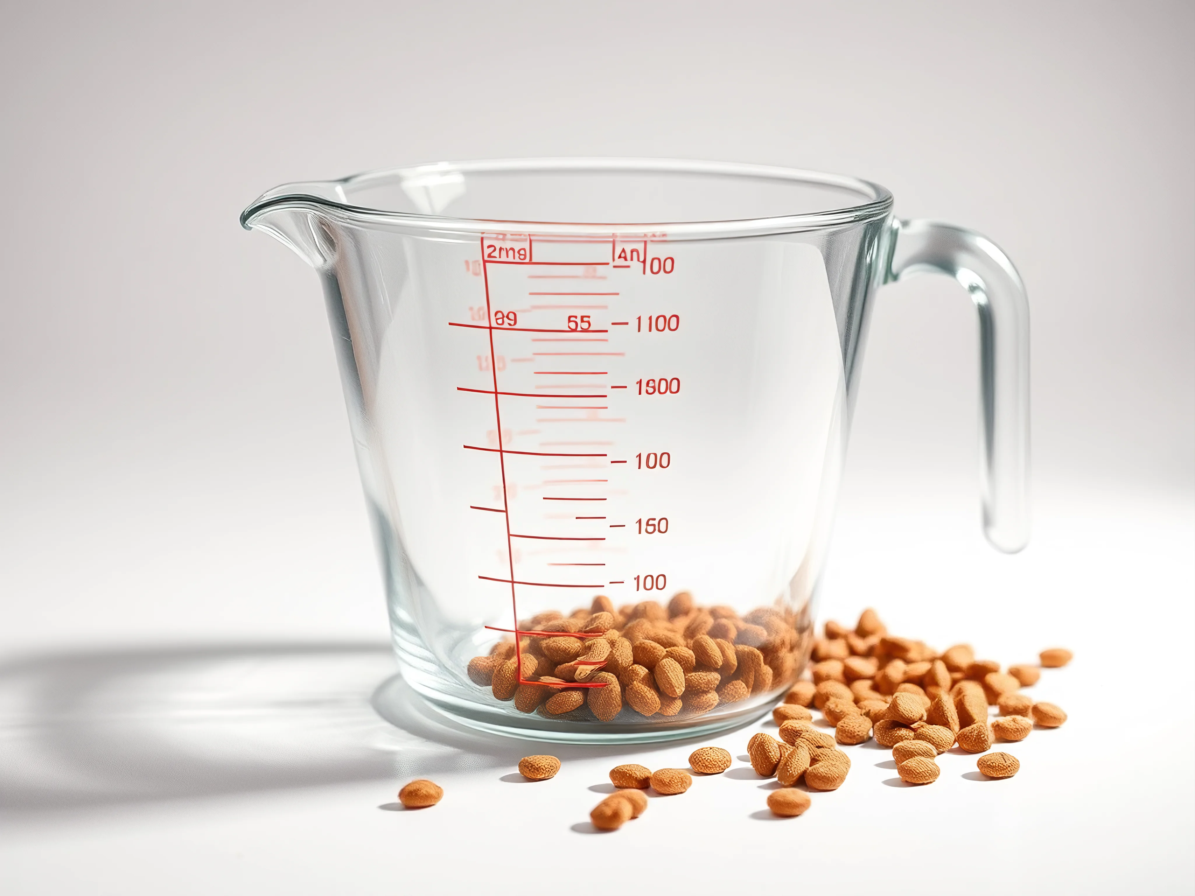 Glass measuring cup with dry dog kibble.