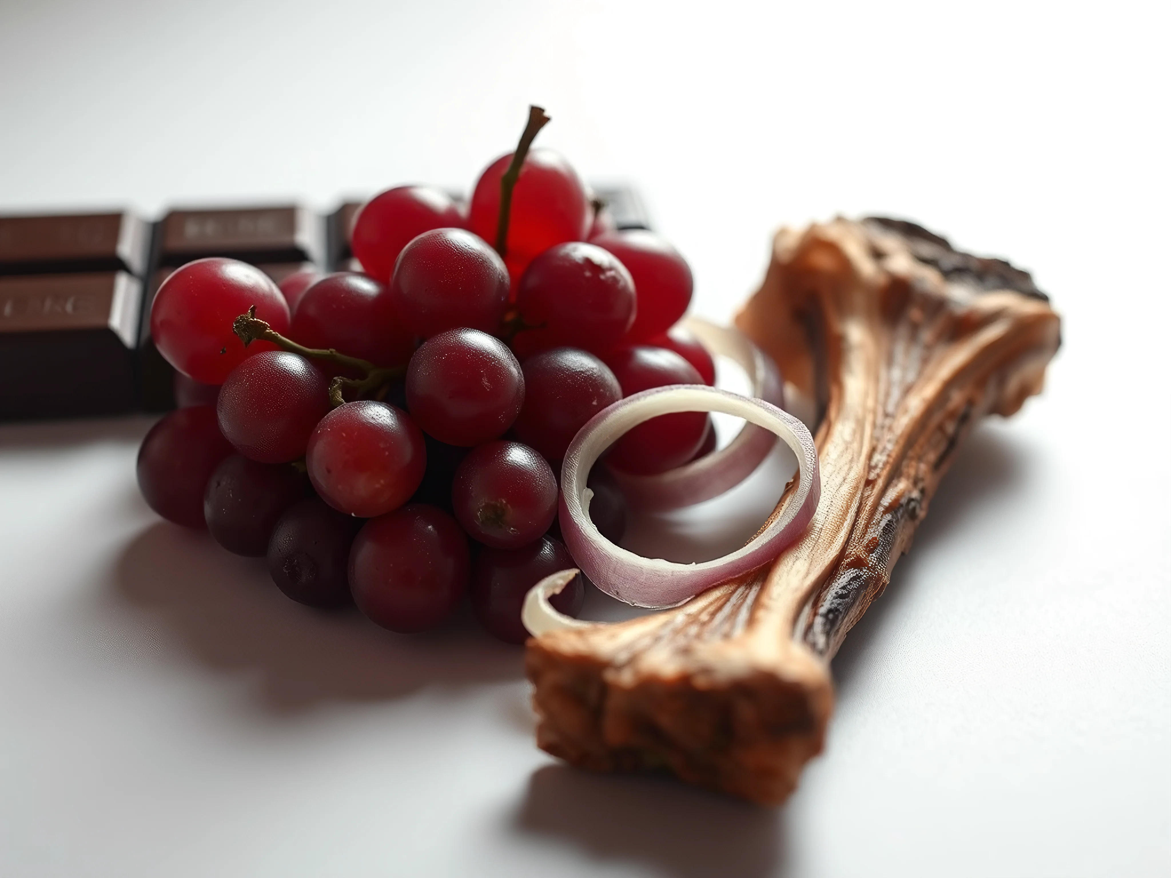 Toxic human foods for dogs: chocolate, grapes, onion, cooked bone.