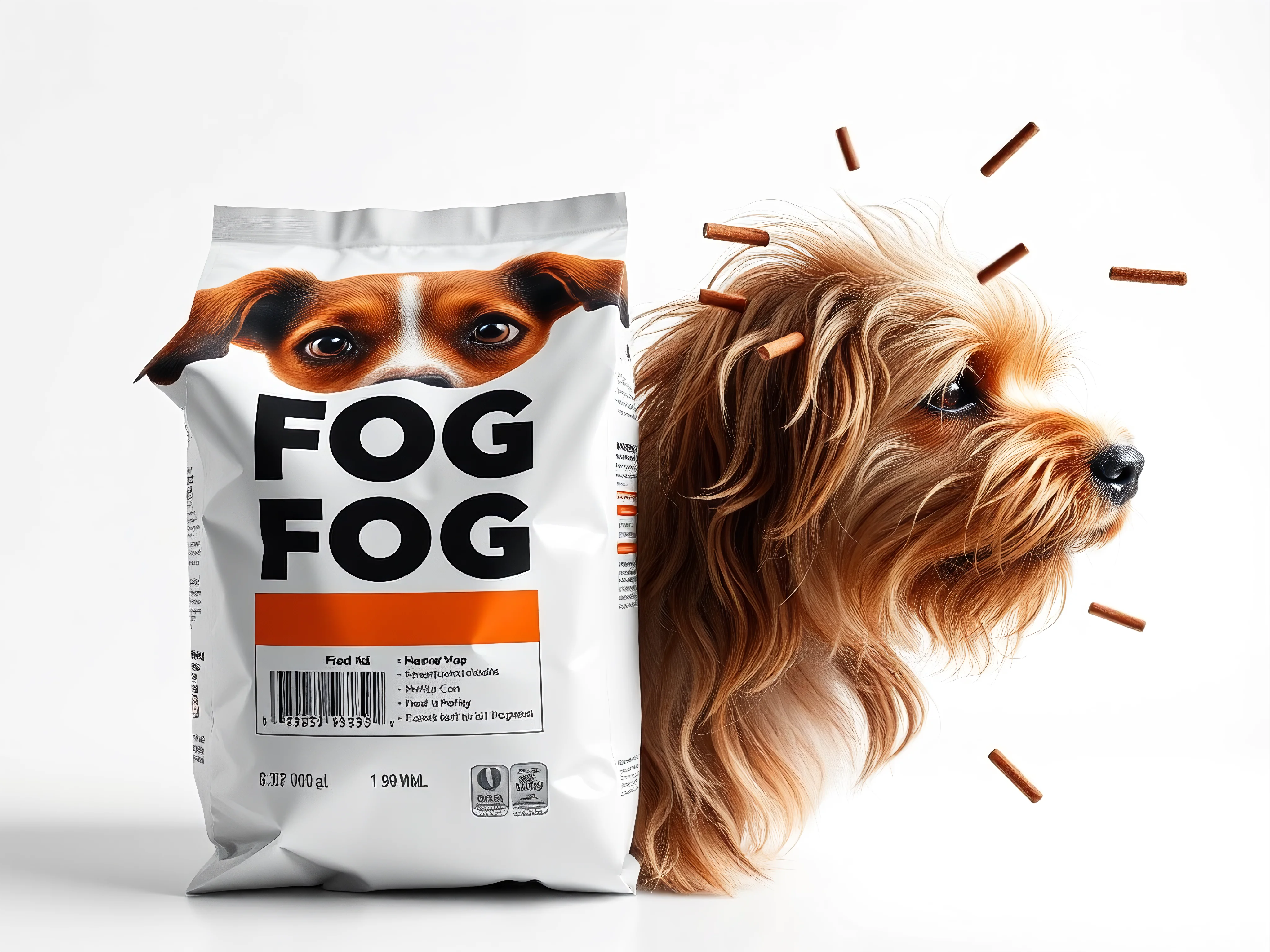 Dog food bag label, one side clear and ordered, the other distorted and chaotic.