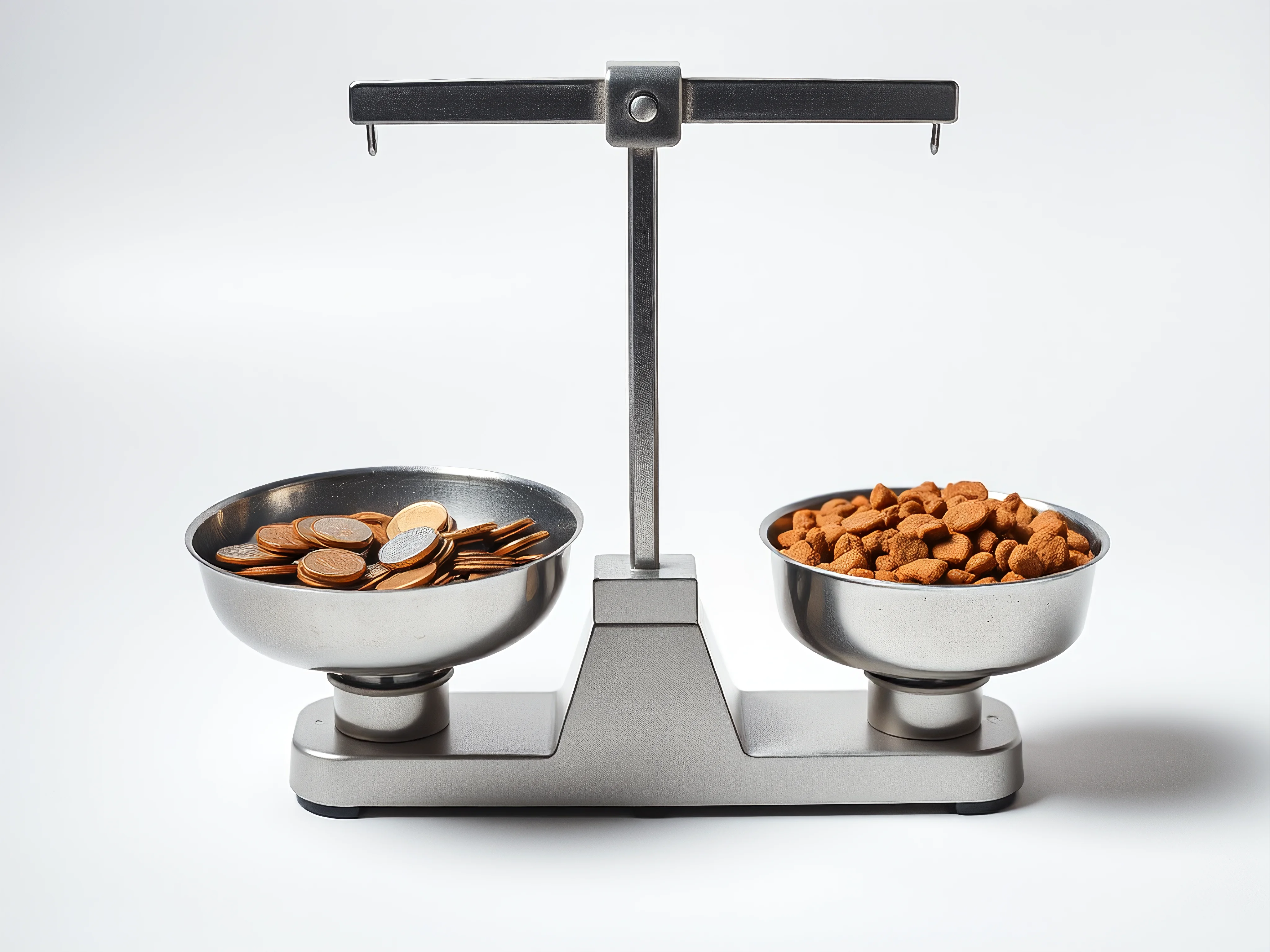 Weighing scale with coins and dog kibble, minimalist art.