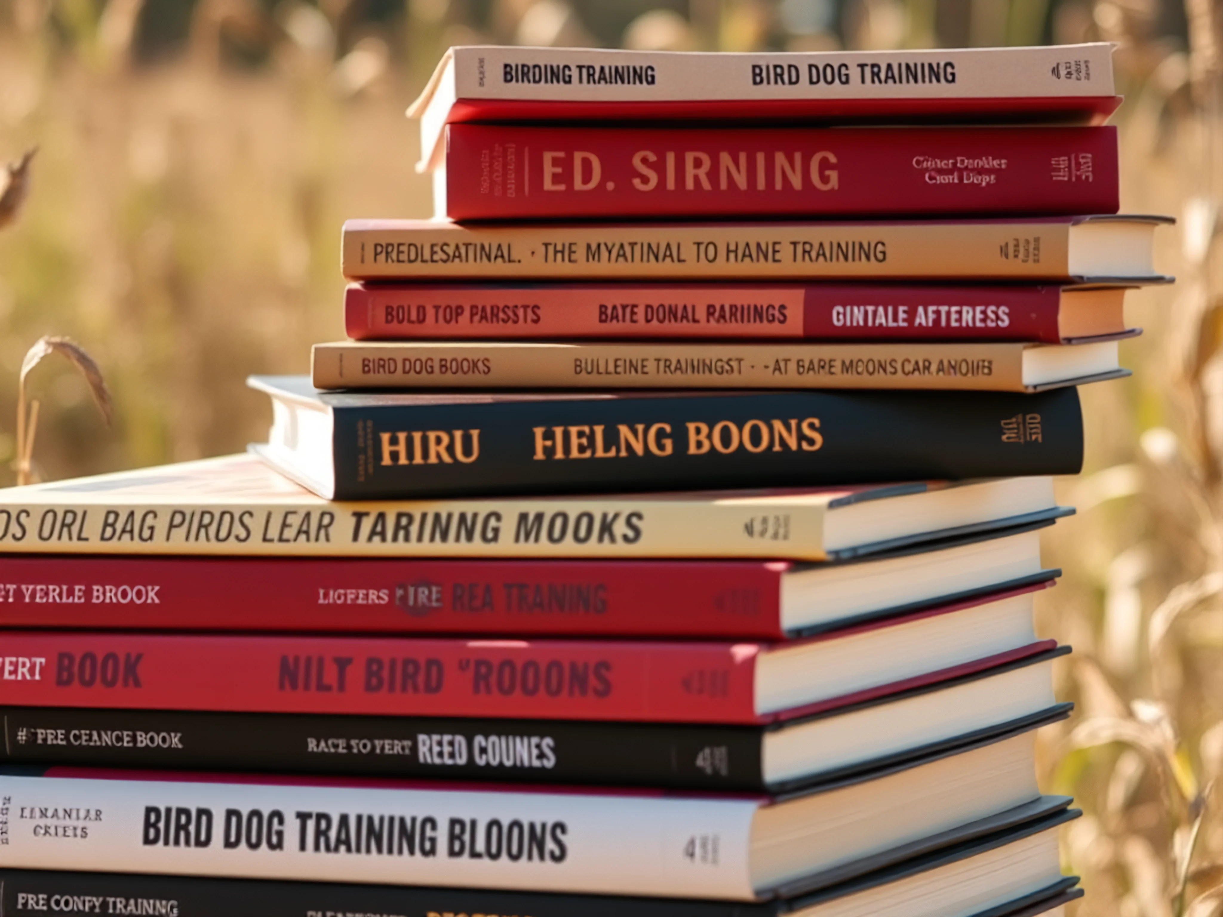 Stack of bird dog training books in an outdoor field.
