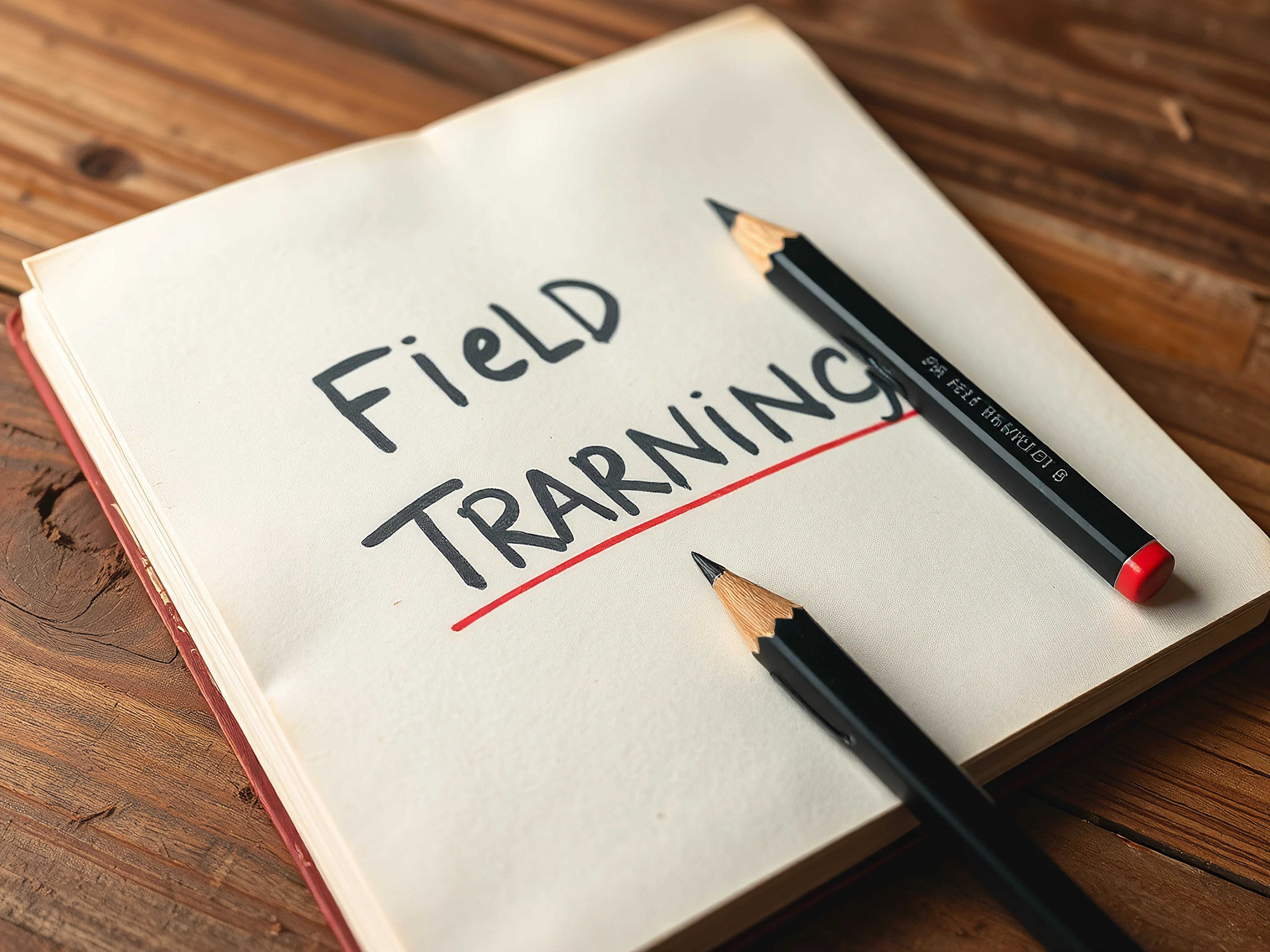 Worn field training notebook open to a page with correction marks, pencil, and eraser in natural light.