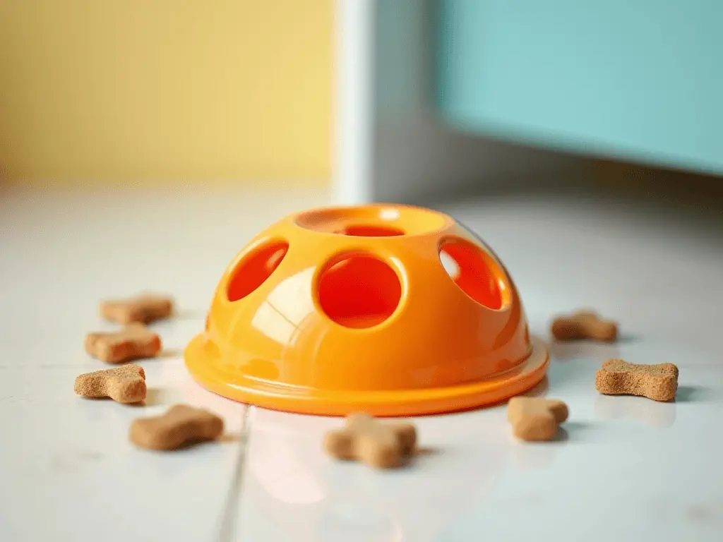 A puzzle toy for dogs surrounded by small treats on a clean surface.