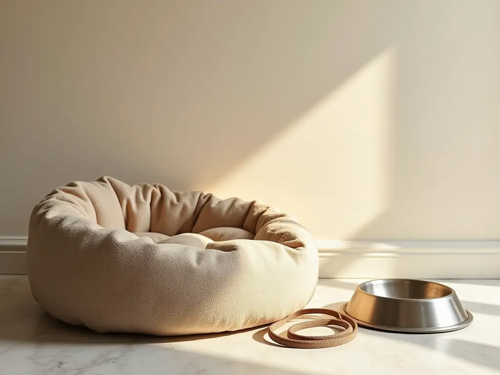 A comfortable dog bed next to a leash and a feeding bowl, placed on a clean floor.