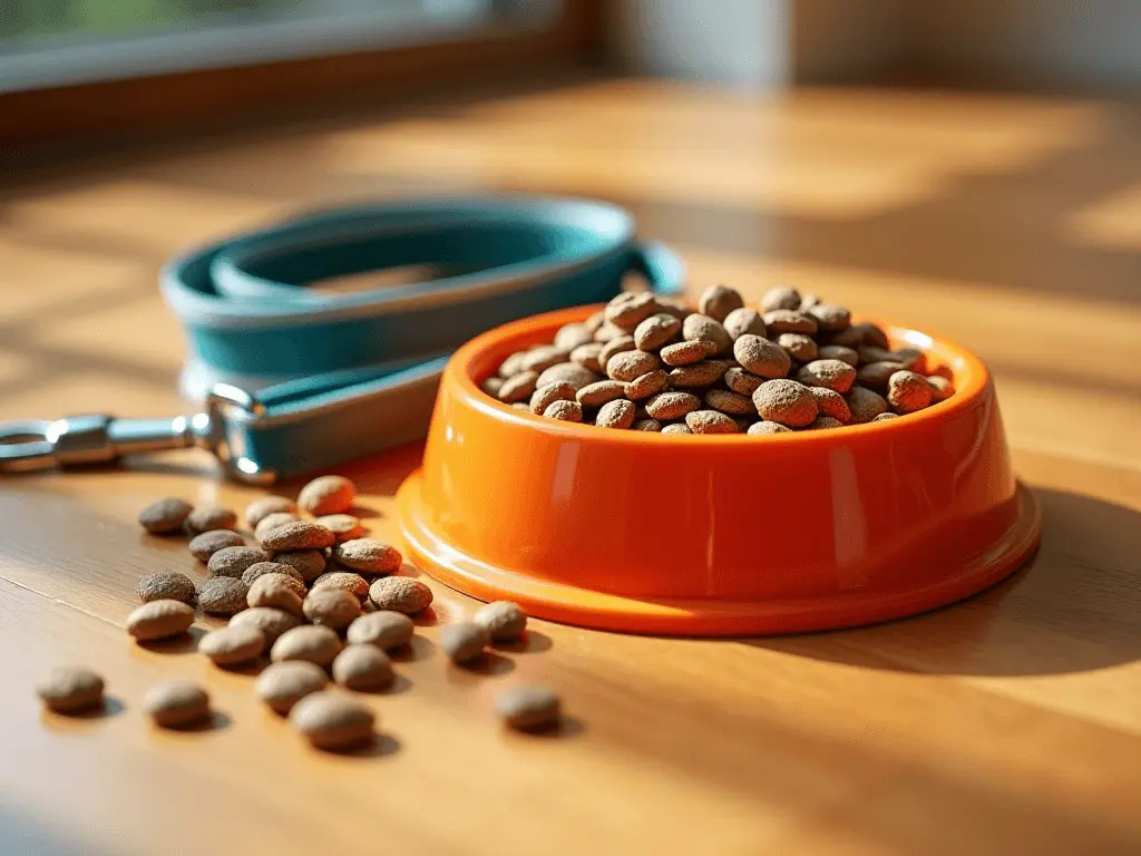 A vibrant image of a dog’s bowl filled with kibble, next to a chew toy and a leash on a clean wooden floor.