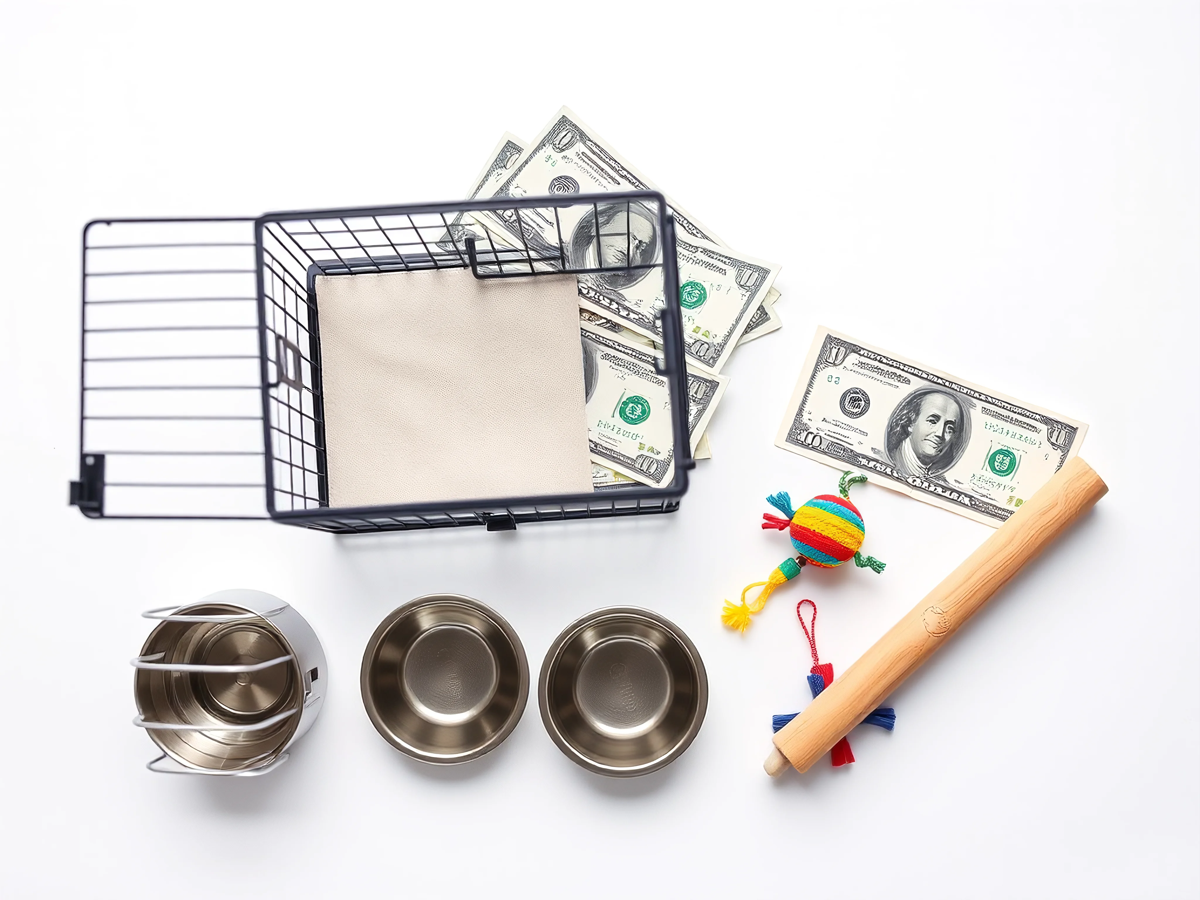 Flat lay of dollar bills and bird care essentials on white background.