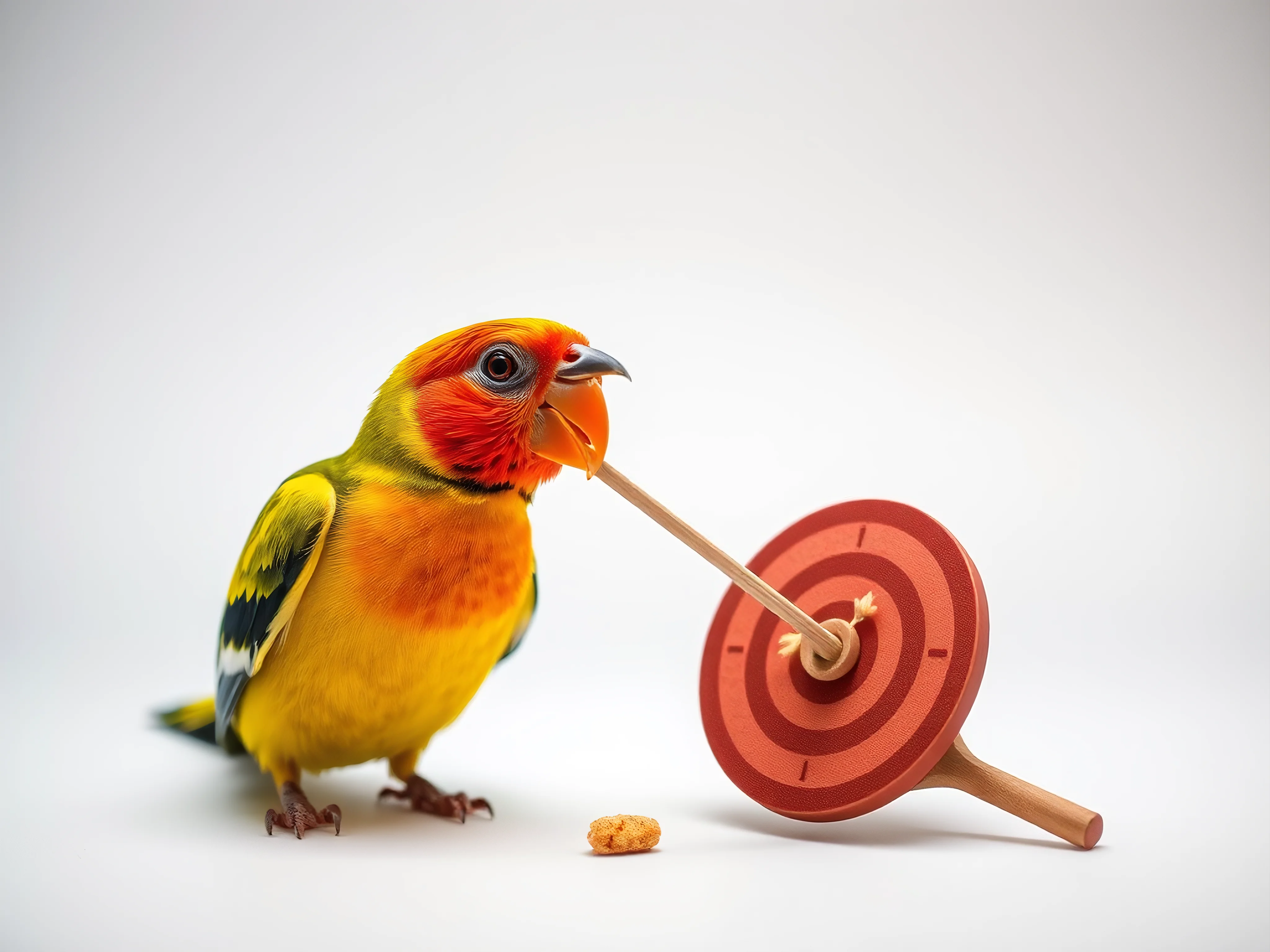 Vibrant bird clicker, target stick, and treat on white.