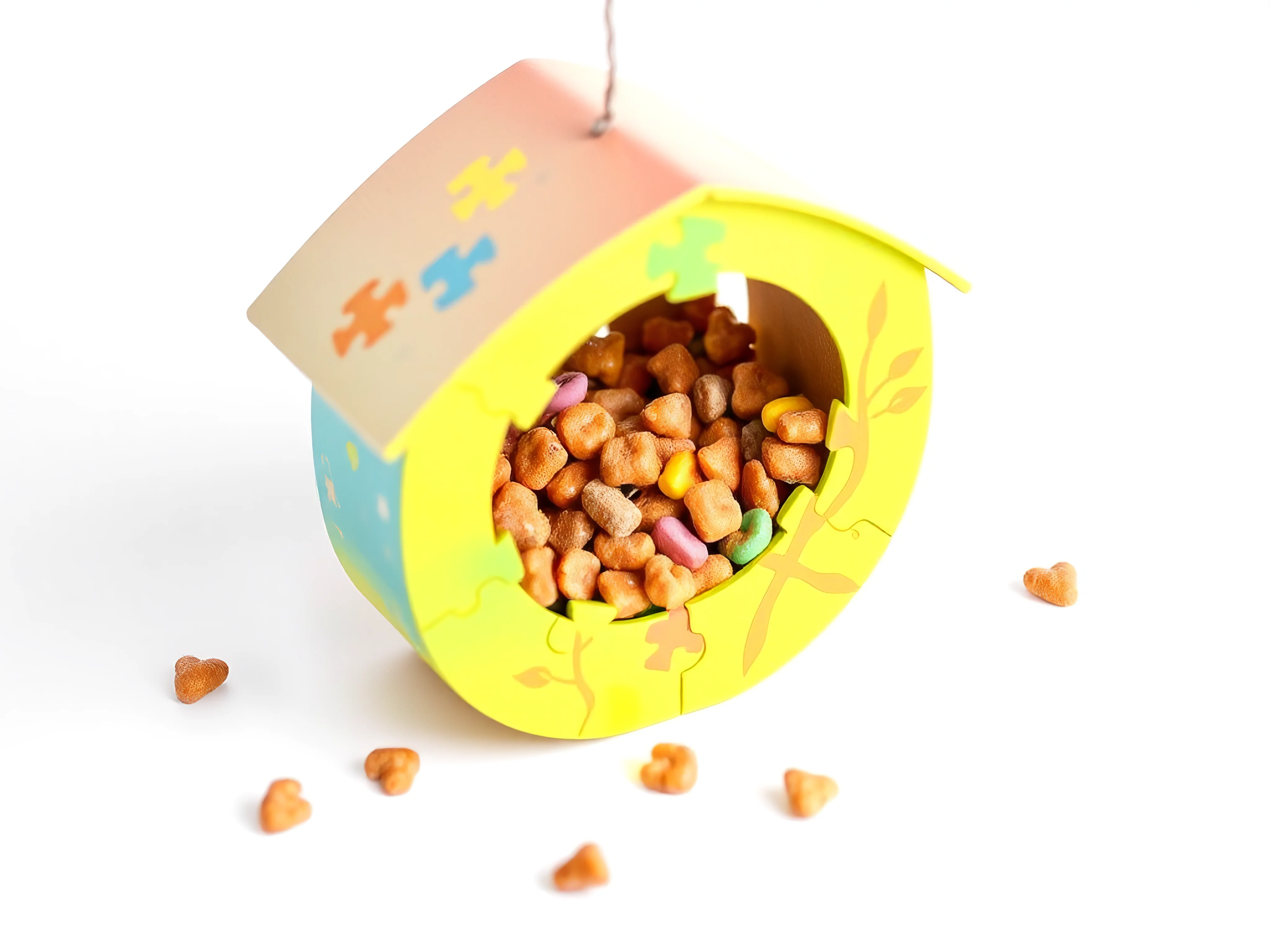 Vibrant bird puzzle feeder filled with treats on a white background.