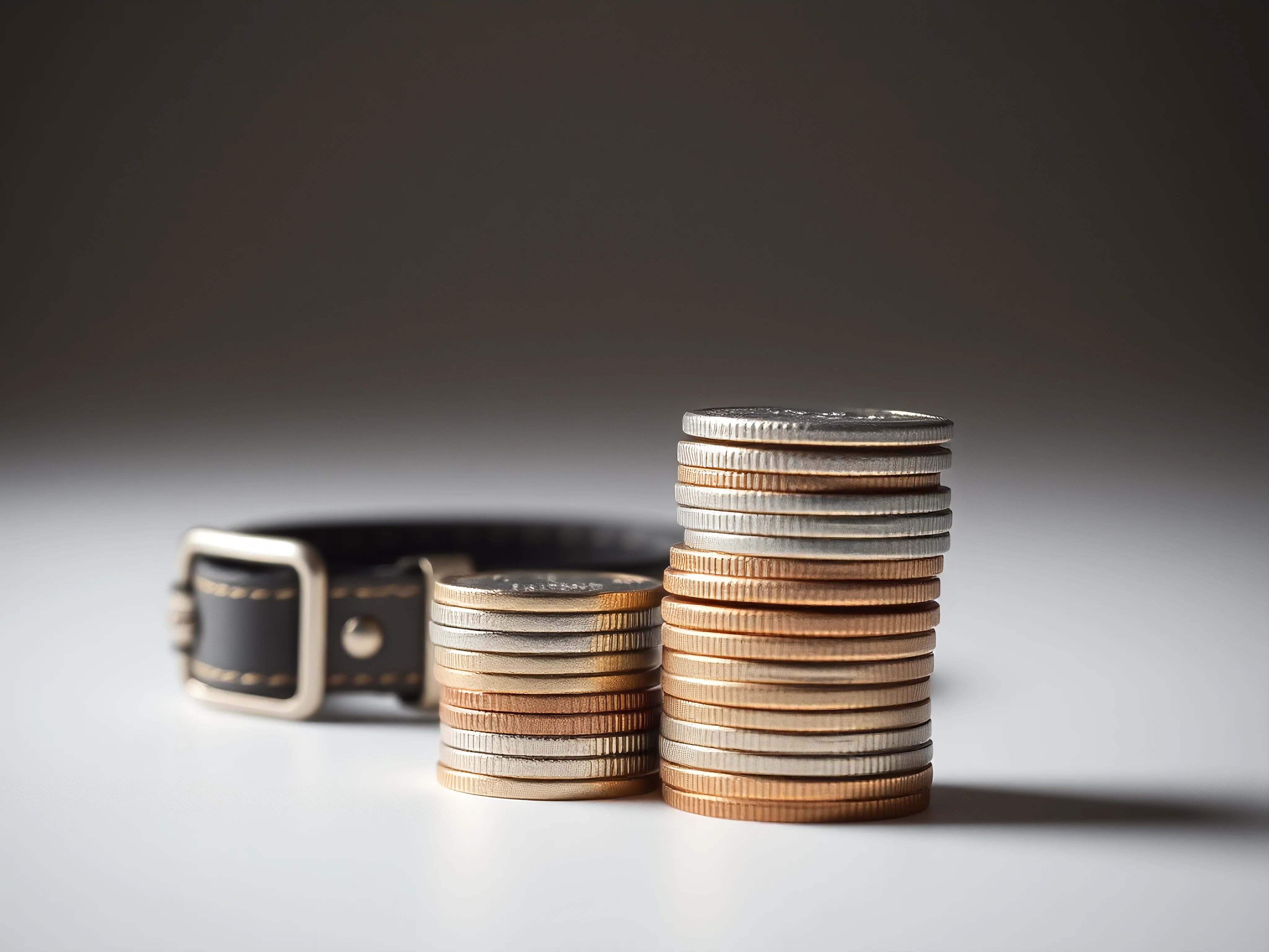 Stack of currency coins next to a miniature pet collar.