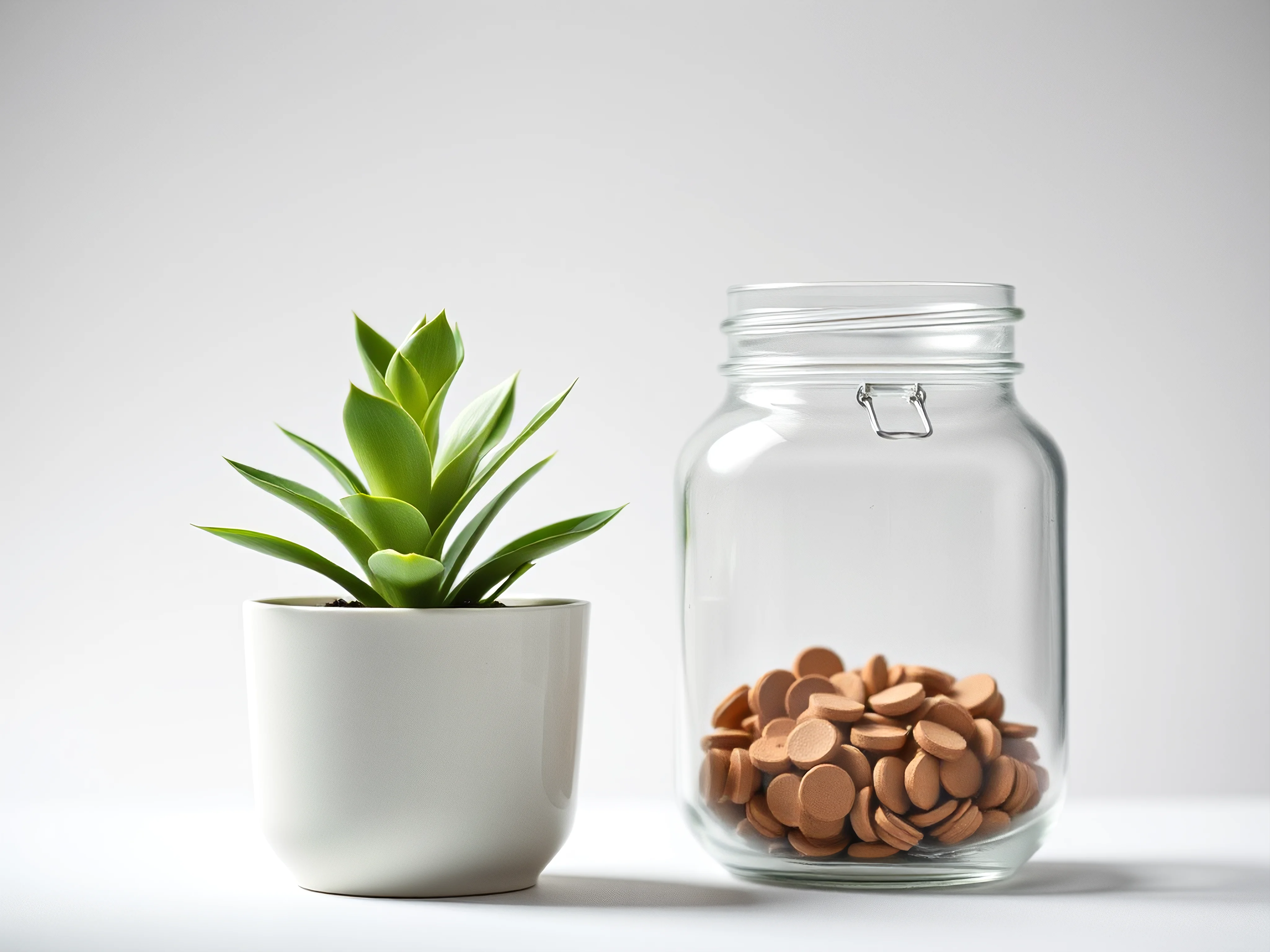 Small potted plant and clear savings jar, minimalist style.