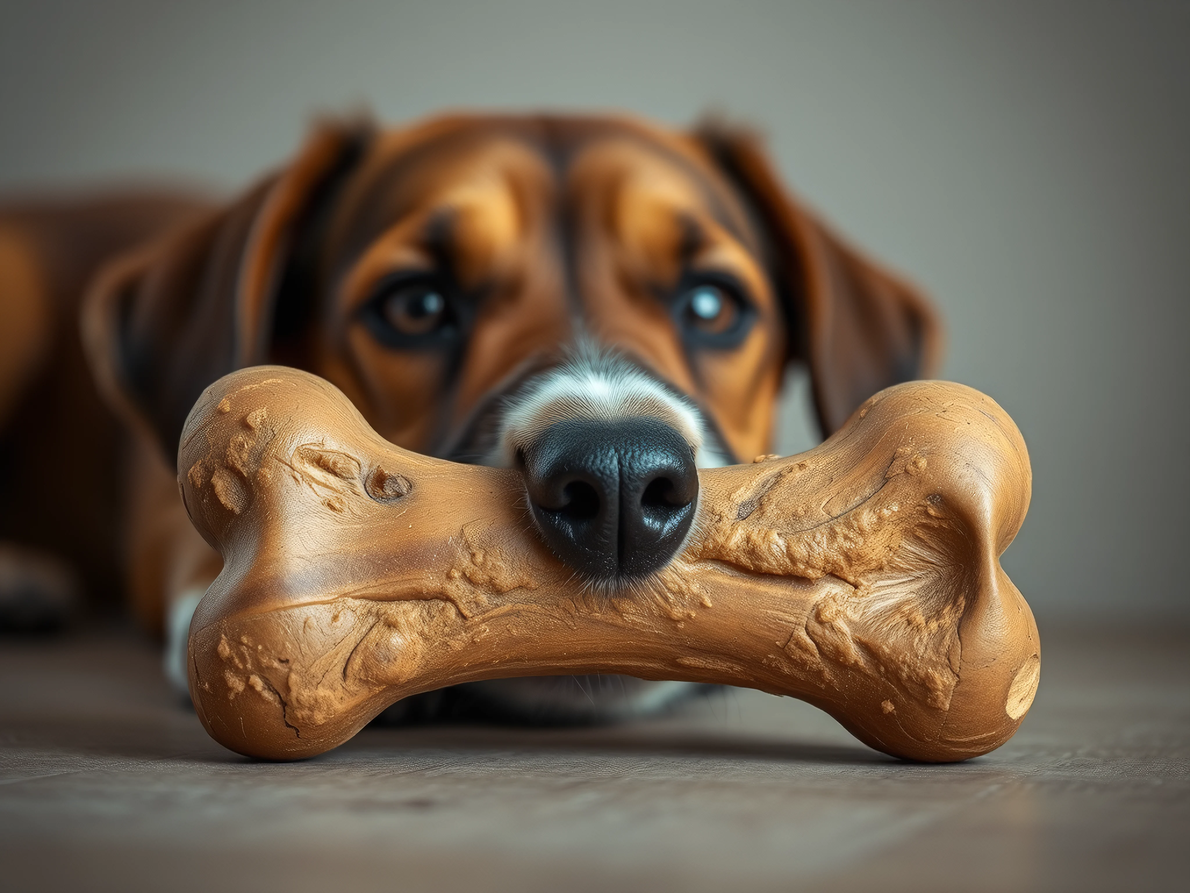 Well-worn rubber dog chew bone, minimal fine-art photography, earthy tones.