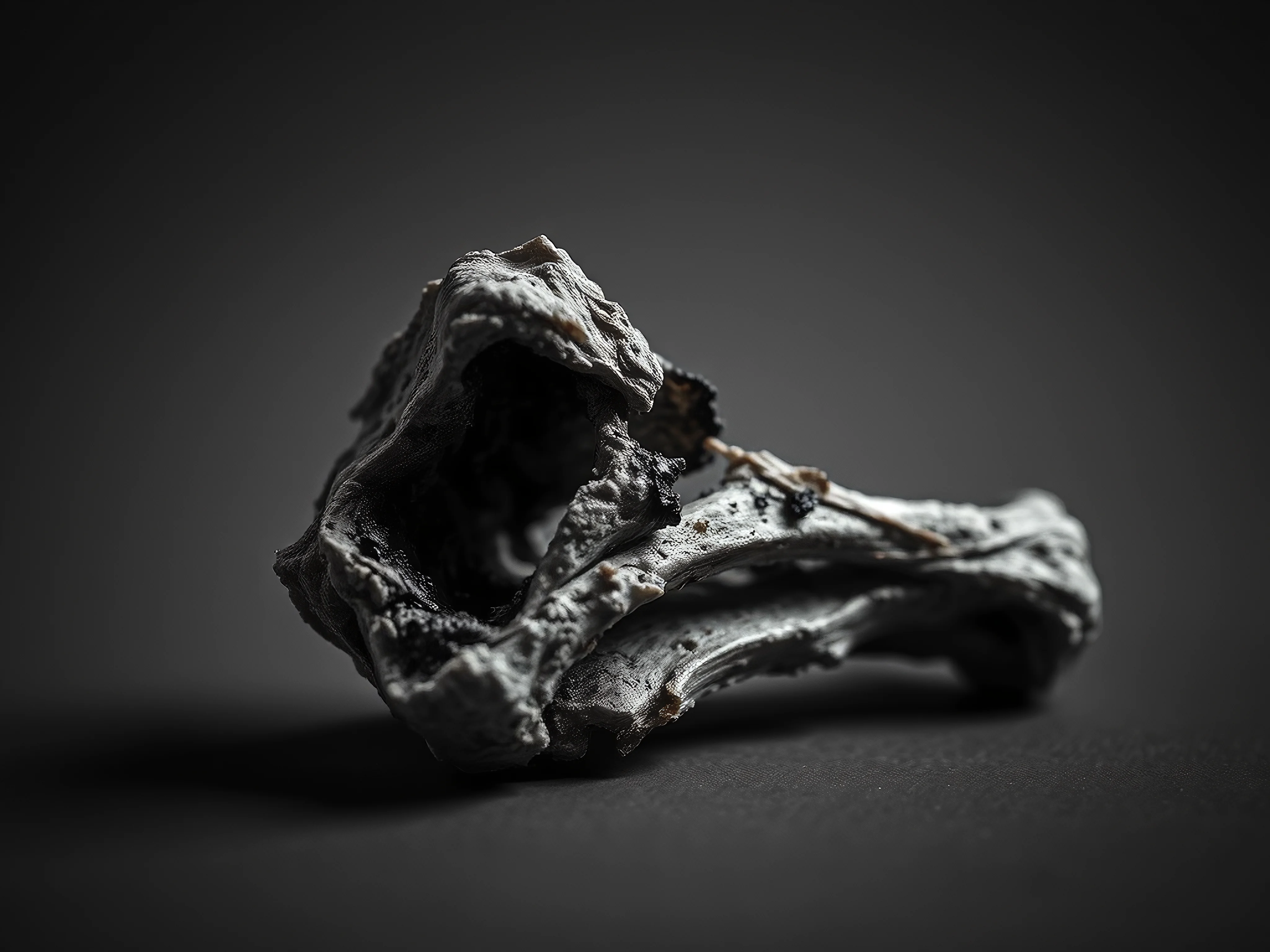 Monochrome, high-contrast macro of a splintered cooked bone fragment.