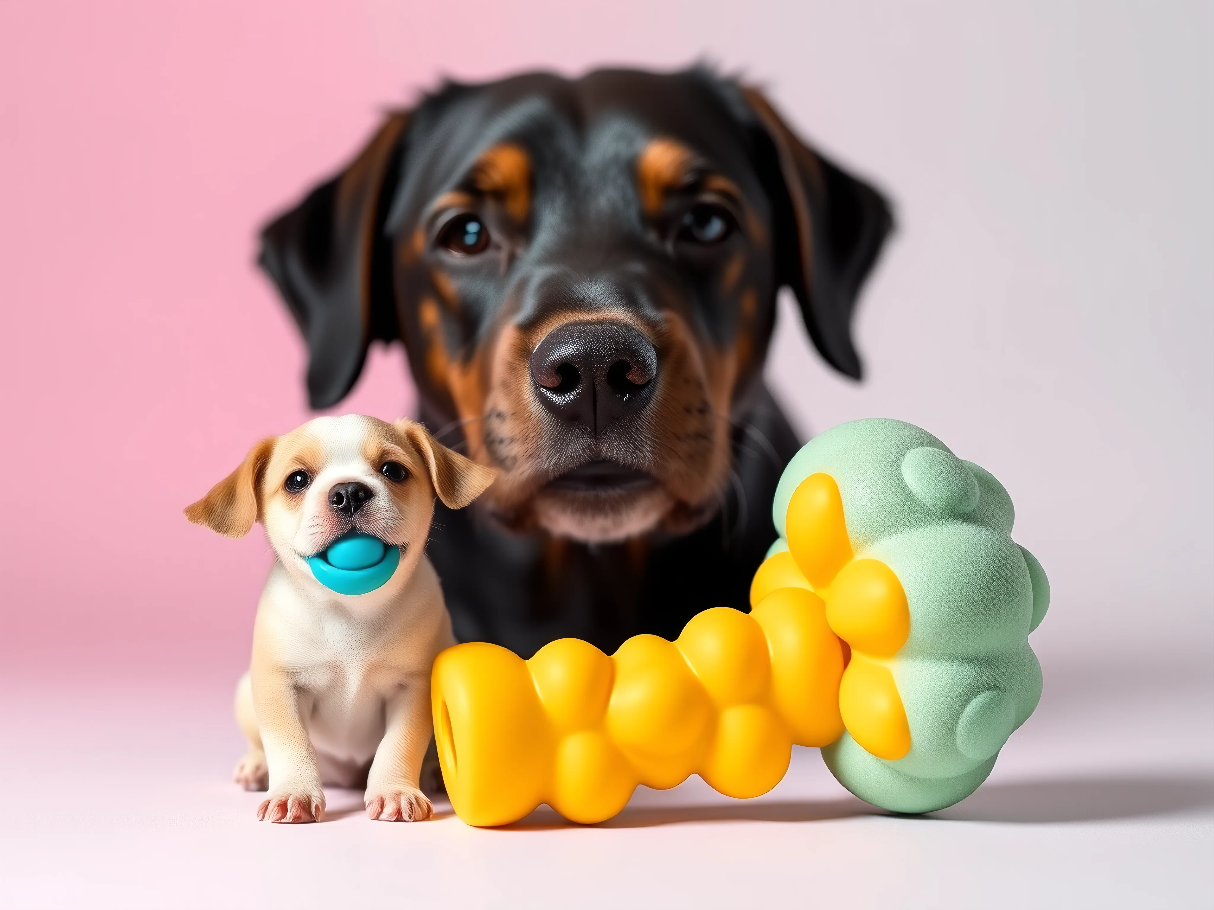 Pastel silicone puppy teether next to a large rubber dog chew, minimal product photo.