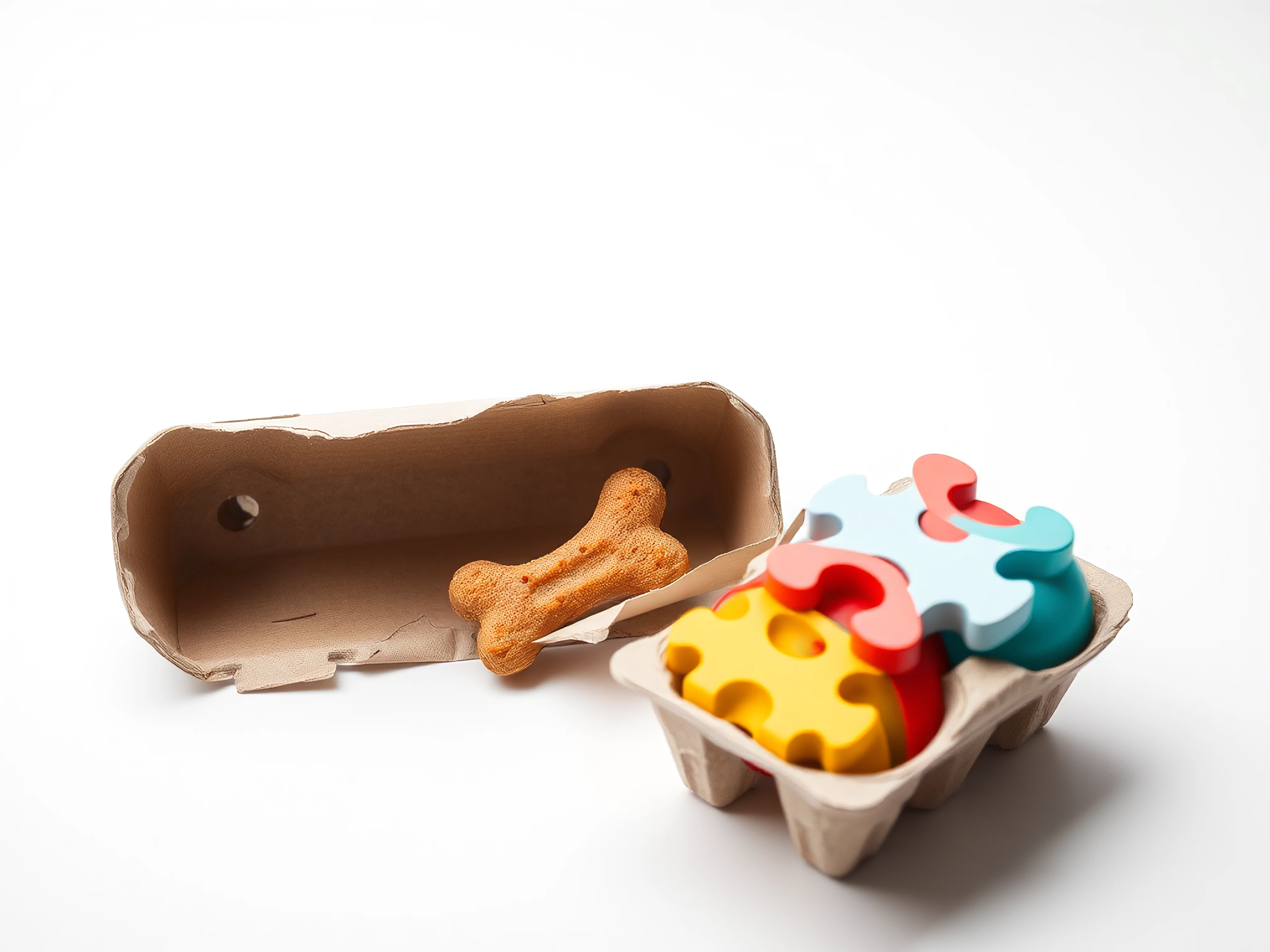 Vibrant dog treat puzzle toy in a torn cardboard egg carton on a white background.