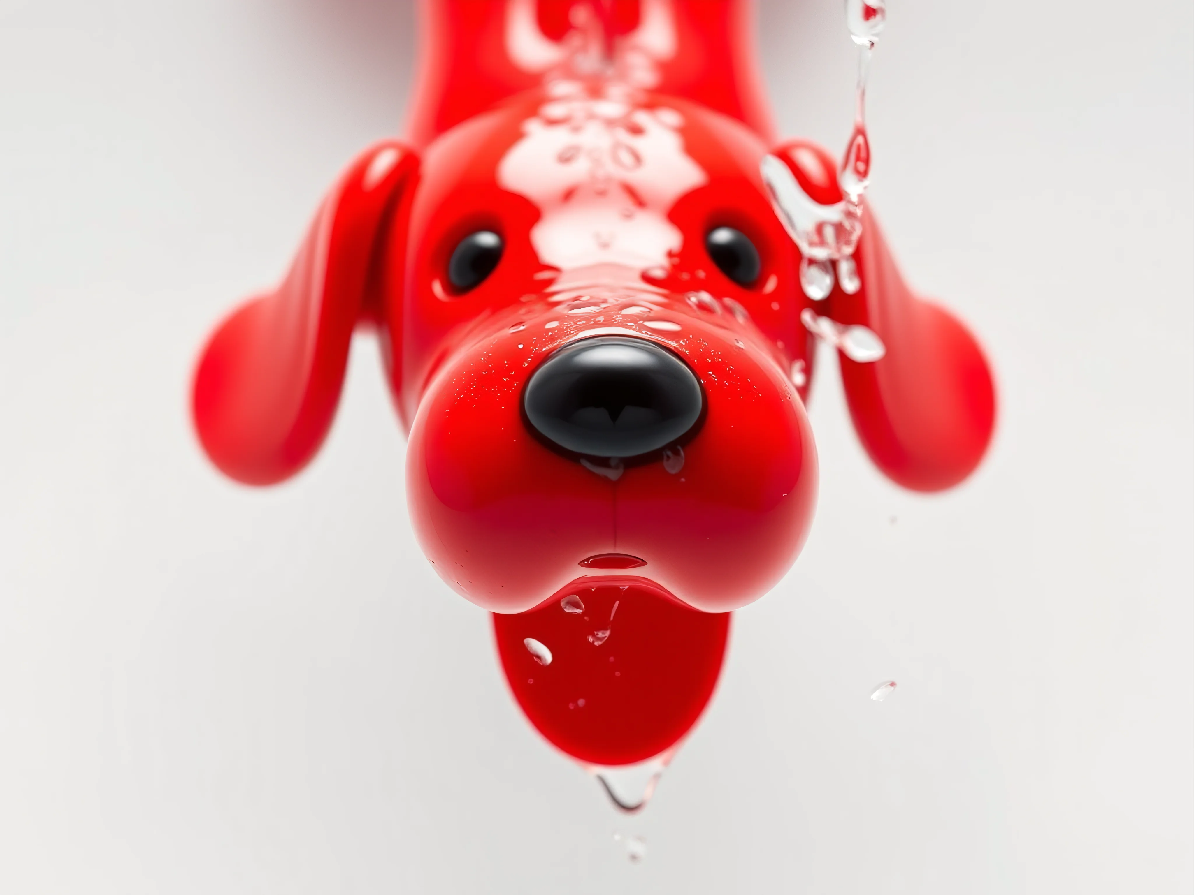 Bright red rubber dog chew toy being rinsed under water, with water droplets on a white background.