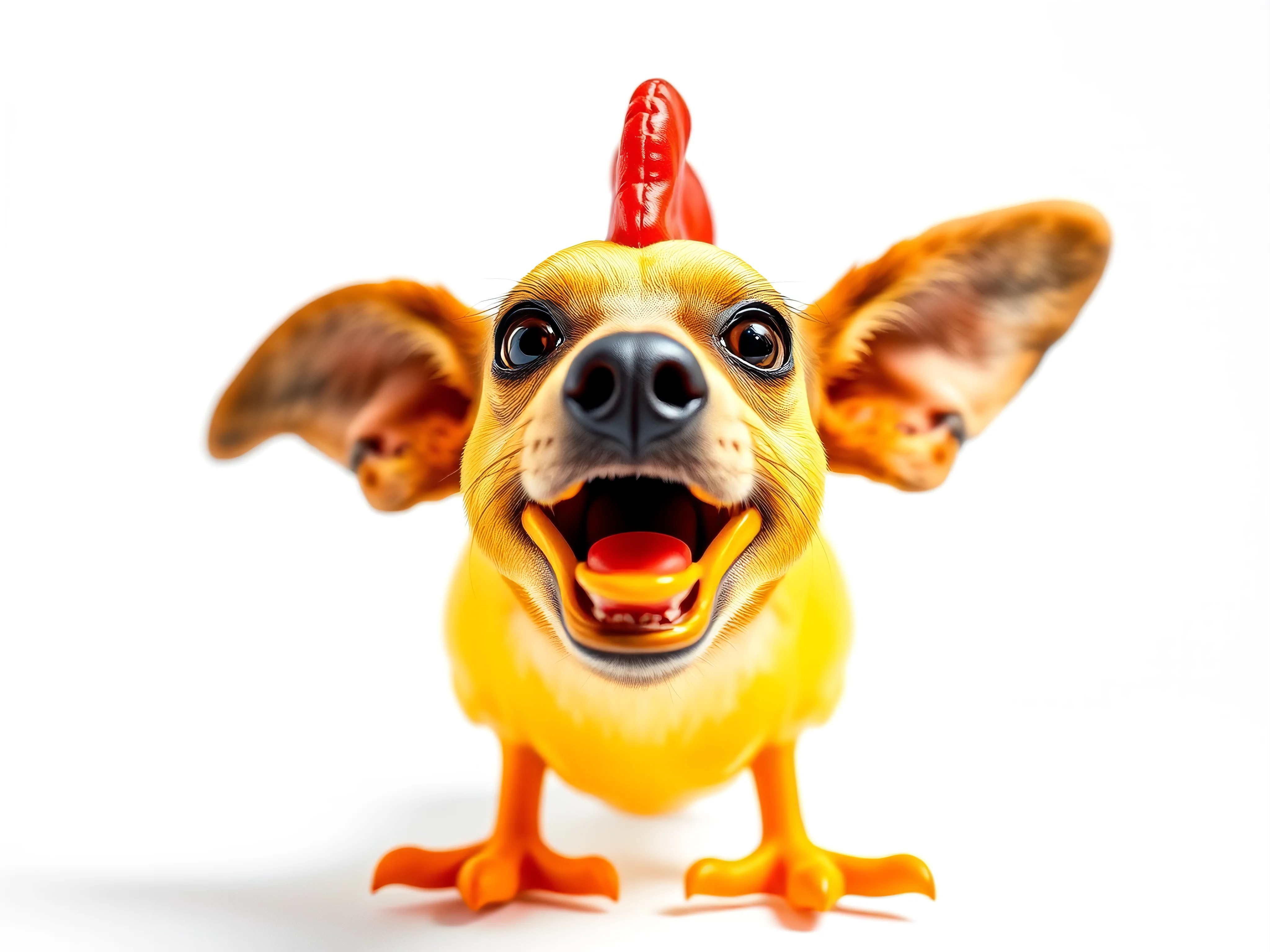 Exaggerated comical squeaky rubber chicken drumstick dog toy, vibrant colors, white background.