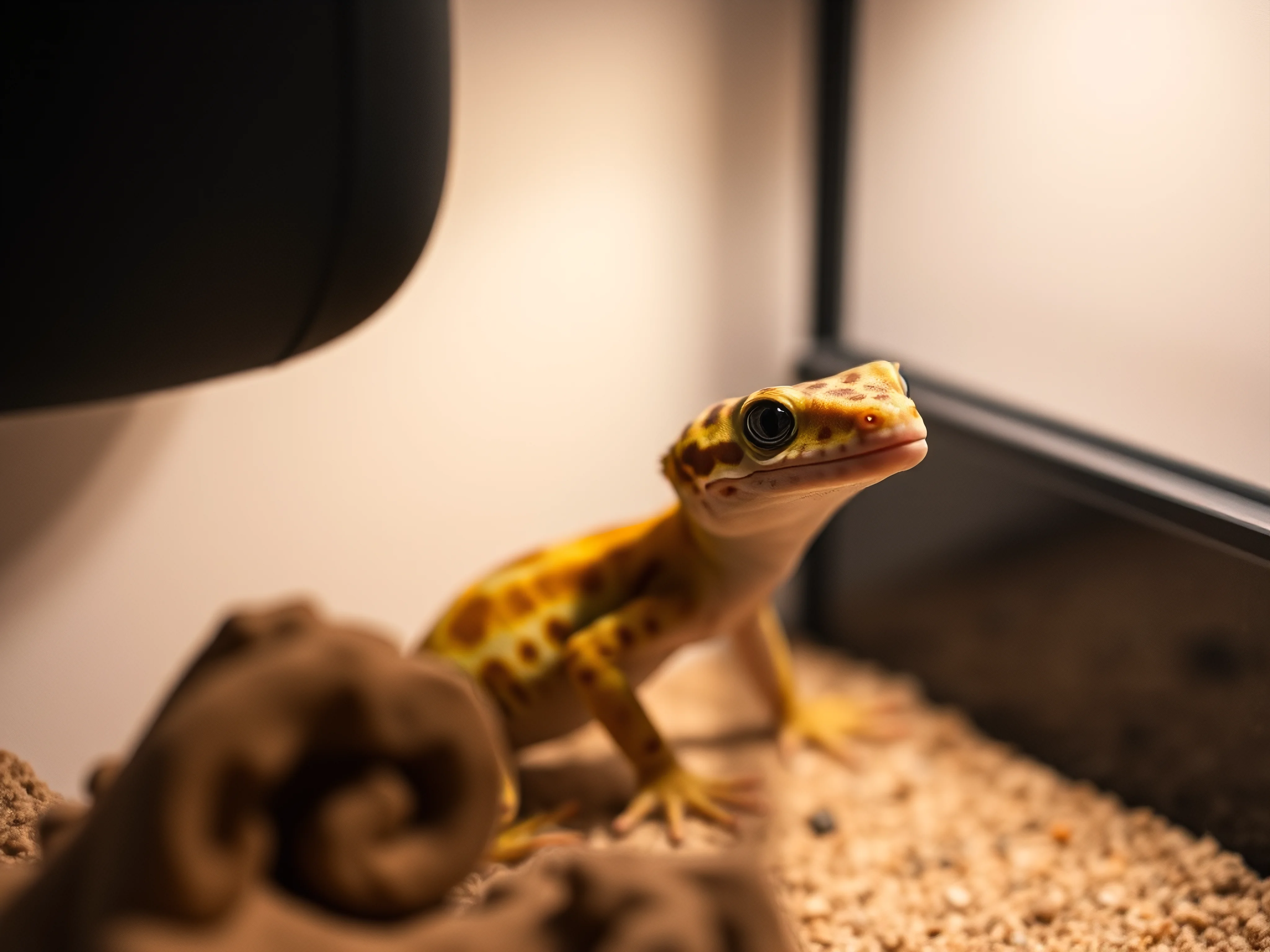 Calm leopard gecko in clean terrarium, close-up studio photo.