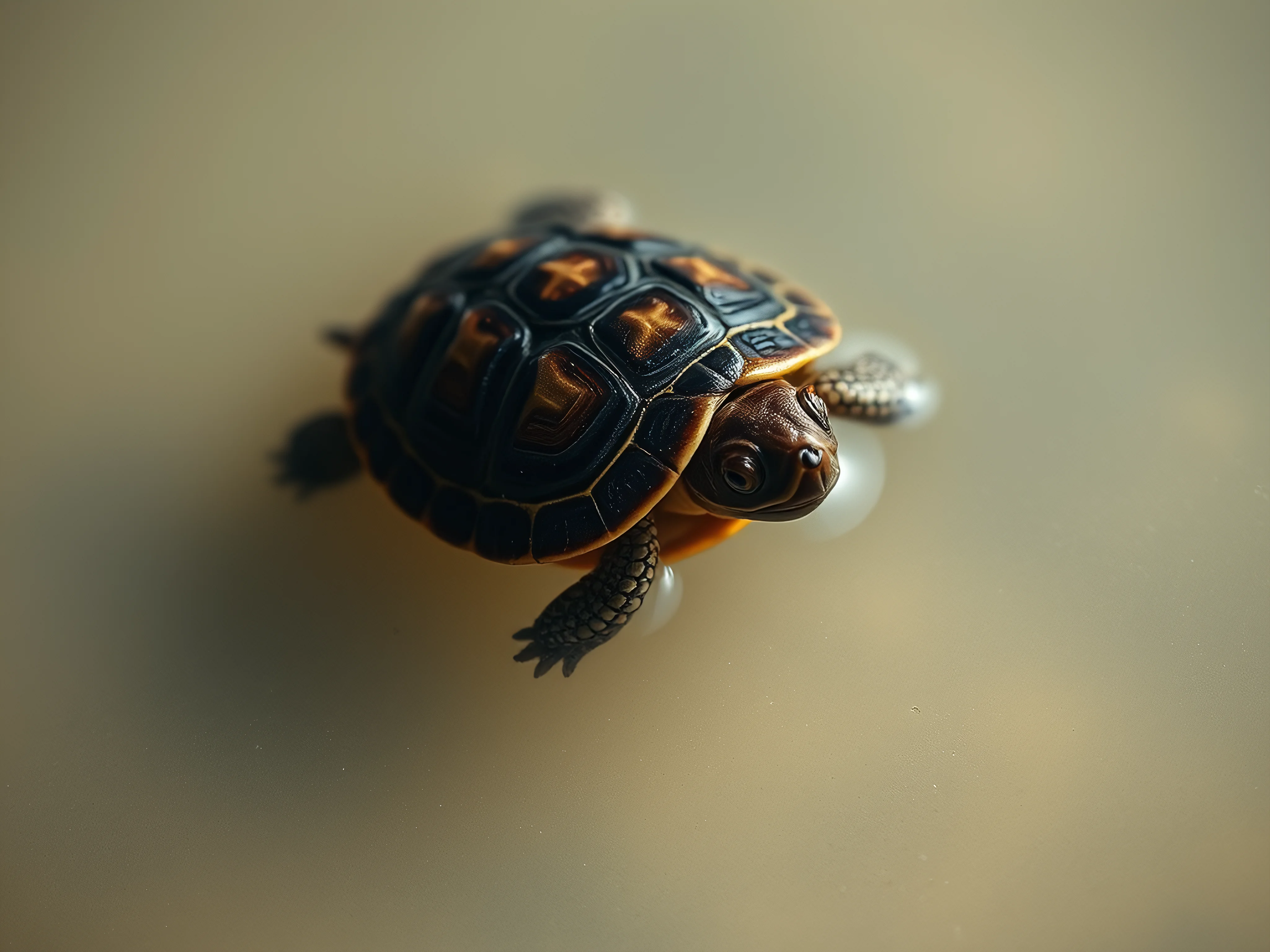 Small tortoise shell soaking in shallow water, close-up, top-down view.