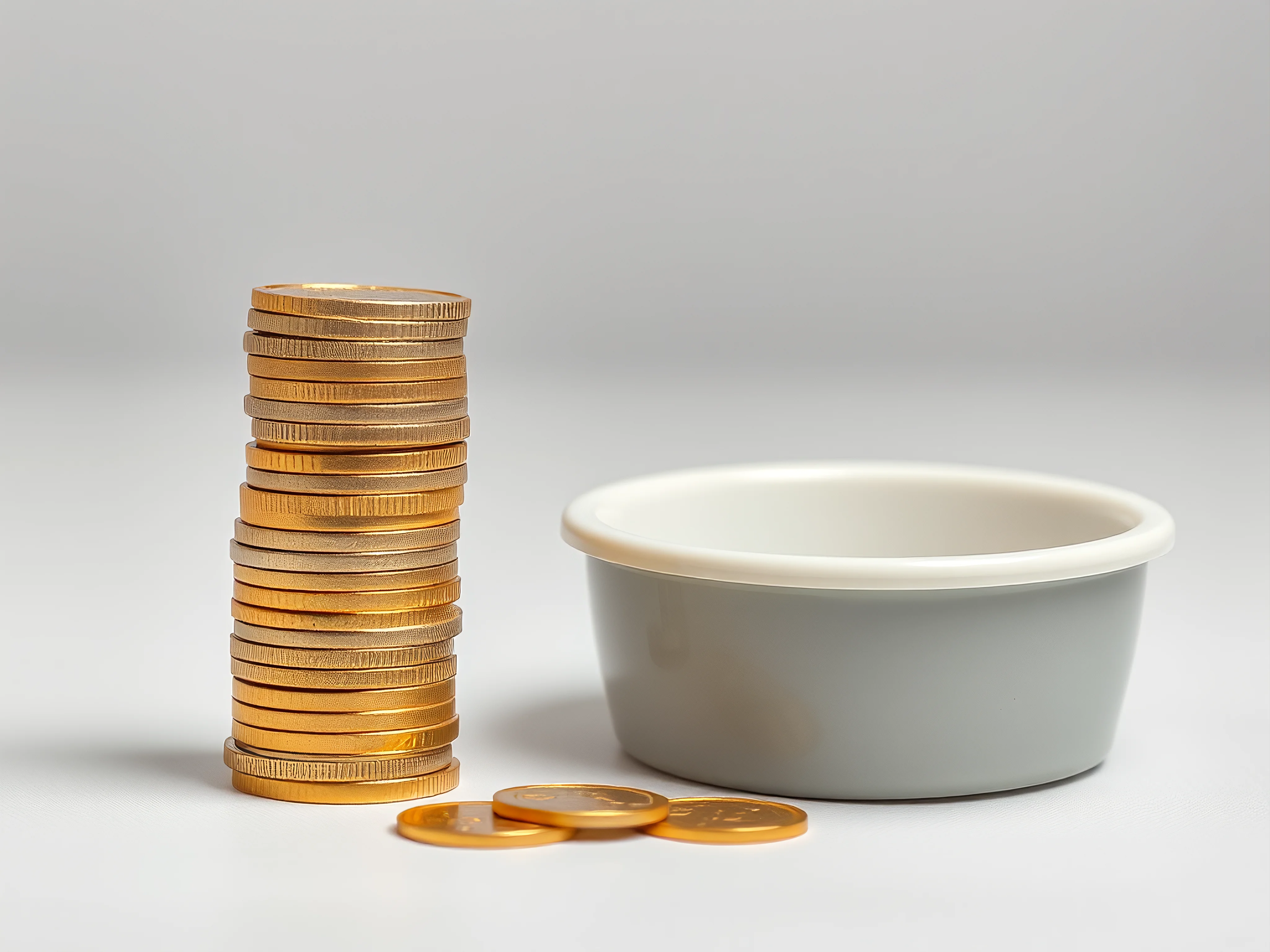 Stacked gold coins next to an empty pet food bowl.