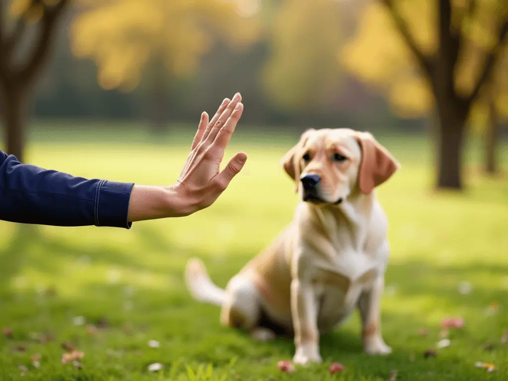 A trainer's hand signaling a sit command to a focused dog in a grassy park, symbolizing consistency in training.