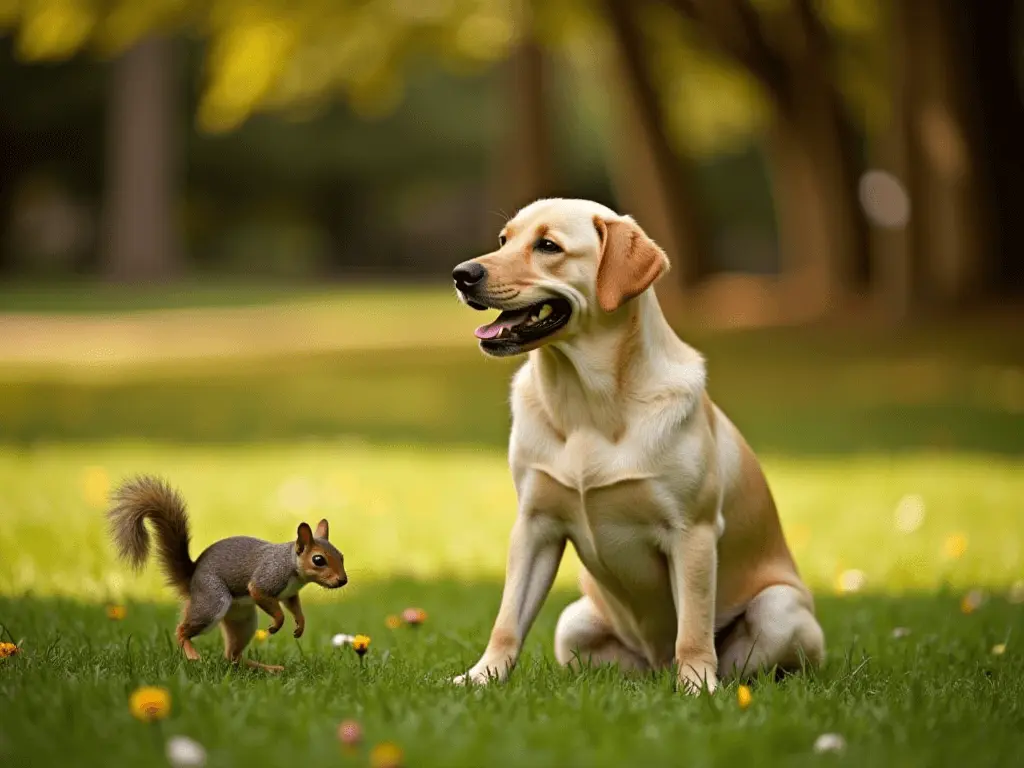 A dog practicing focus while ignoring a nearby squirrel in a park, symbolizing training with distractions.