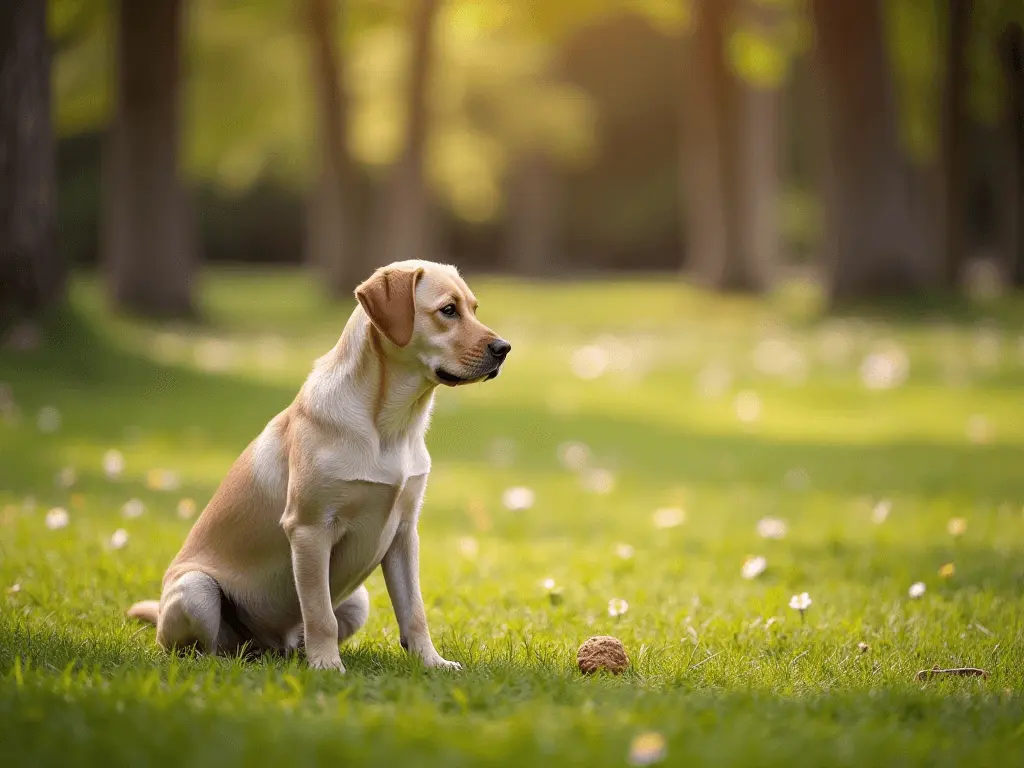 A dog sitting attentively on a grassy field with a treat on the ground, symbolizing trust-building.