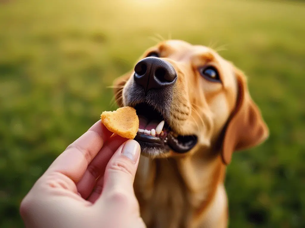 A close-up of a dog eagerly sniffing a high-value treat in a trainer's hand, symbolizing motivation in training.