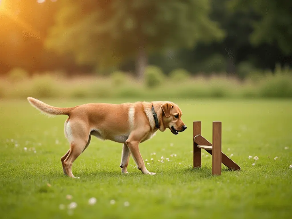 A dog hesitating at a small obstacle in a grassy field, symbolizing training challenges.