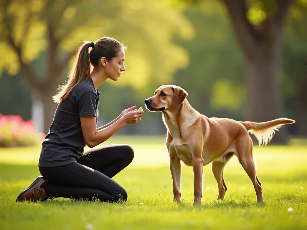 A trainer gently encouraging a hesitant dog with a treat in hand, symbolizing patience and positivity.