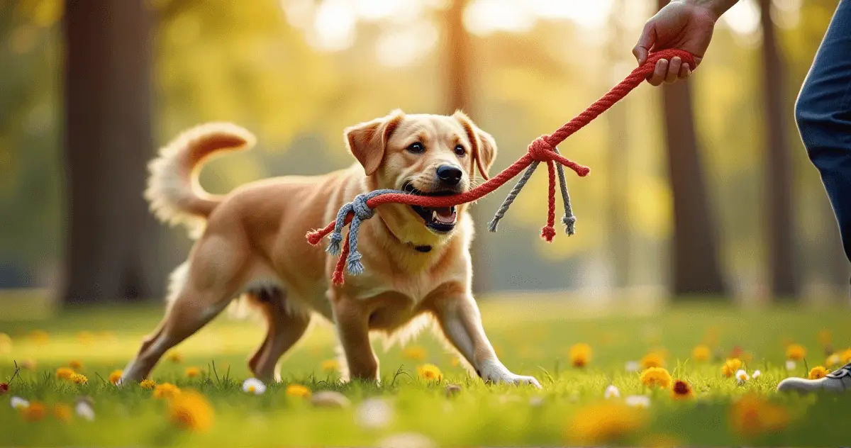 A playful dog pulling on a rope toy with its owner in a grassy park, symbolizing engagement and independence.