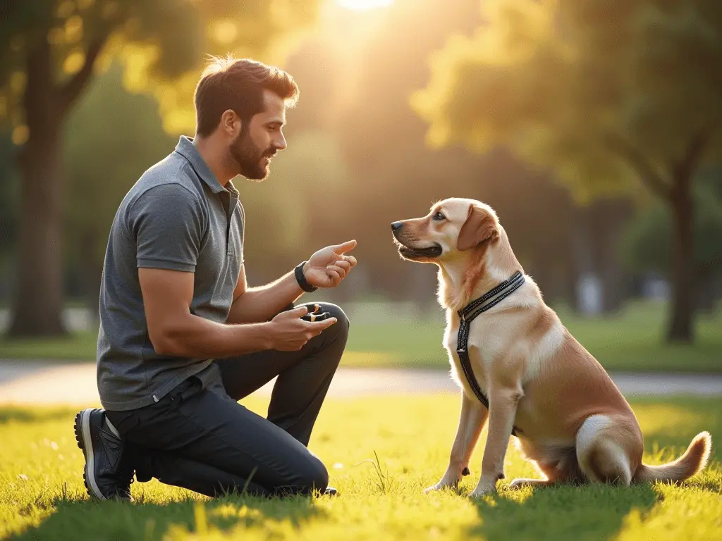 A professional dog trainer demonstrating a technique with an attentive dog in a park, symbolizing expert guidance.