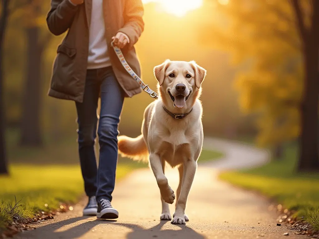 A joyful dog walking calmly beside its owner in a park, symbolizing a training success story.