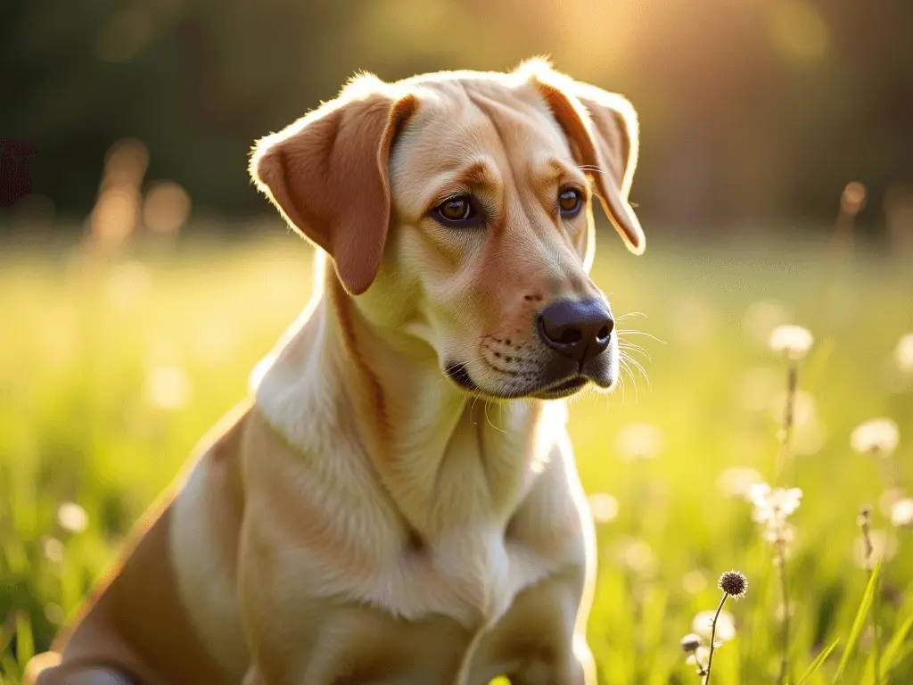 A close-up of a dog sitting with a slightly tilted head, appearing curious yet hesitant.