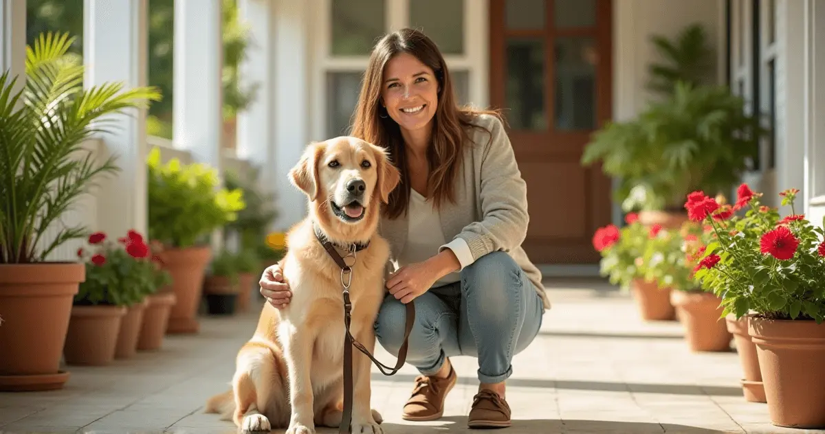 A friendly dog sitting calmly on a sunny porch with a joyful owner holding a leash, signaling a successful training moment.