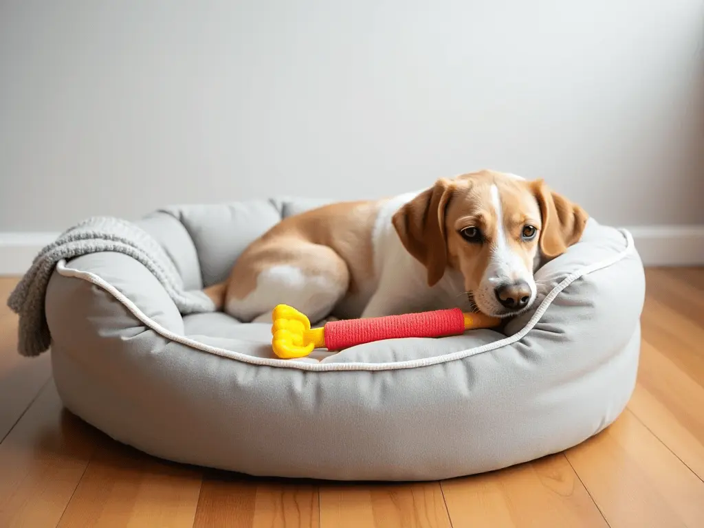 A cozy dog bed with a chew toy and a blanket, symbolizing comfort and security to reduce whining.