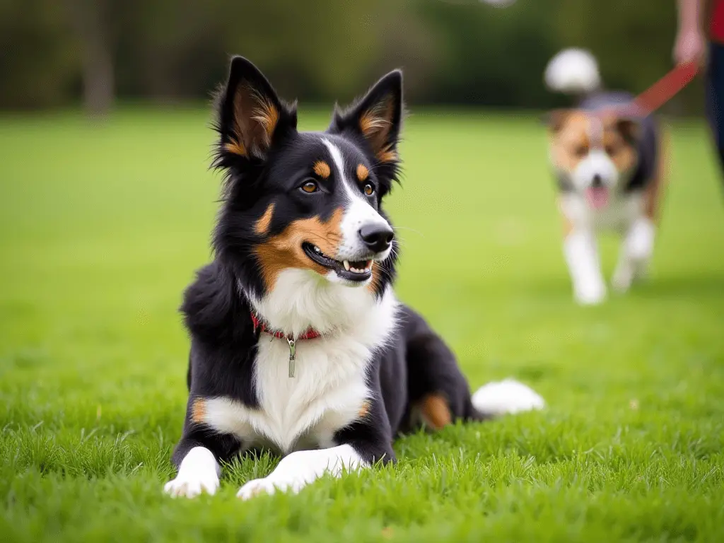 A dog sitting calmly on a grassy field with a distant dog on a leash in the background, symbolizing controlled exposure to triggers.