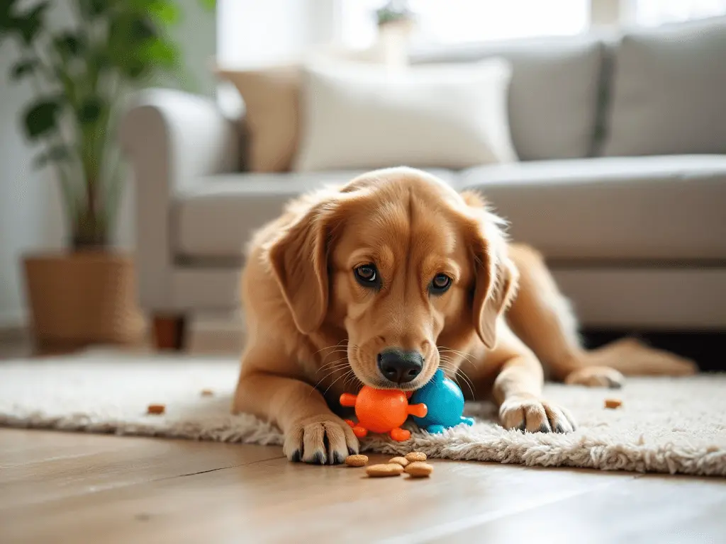 A dog happily chewing on a puzzle toy in a living room, symbolizing mental stimulation to reduce barking.