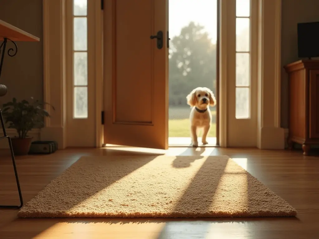 A closed front door with a welcome mat, symbolizing a safe and calm environment for reducing barking at strangers.