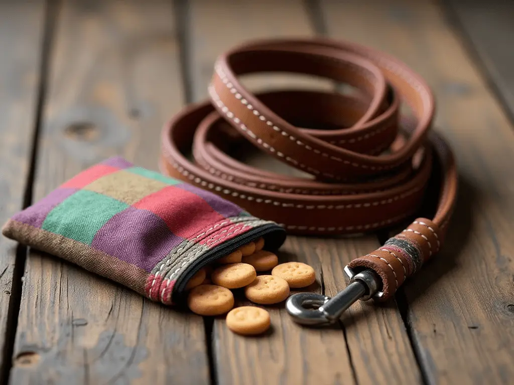 A leash and treat pouch on a wooden table, symbolizing tools for training dogs to stop barking.