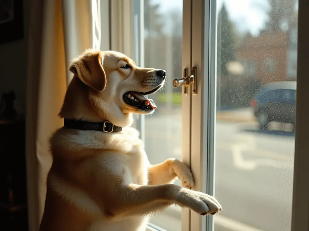 A barking dog standing at a closed window with sunlight streaming through, symbolizing communication and environmental triggers.