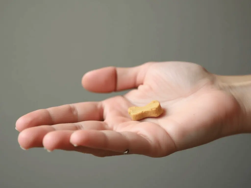 A hand giving a clear gesture with a treat visible, symbolizing communication in training.