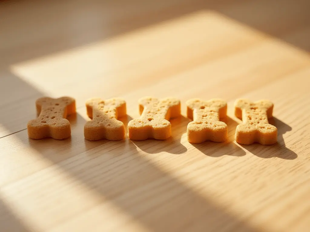 A row of identical dog training treats on a wooden surface, symbolizing consistency.
