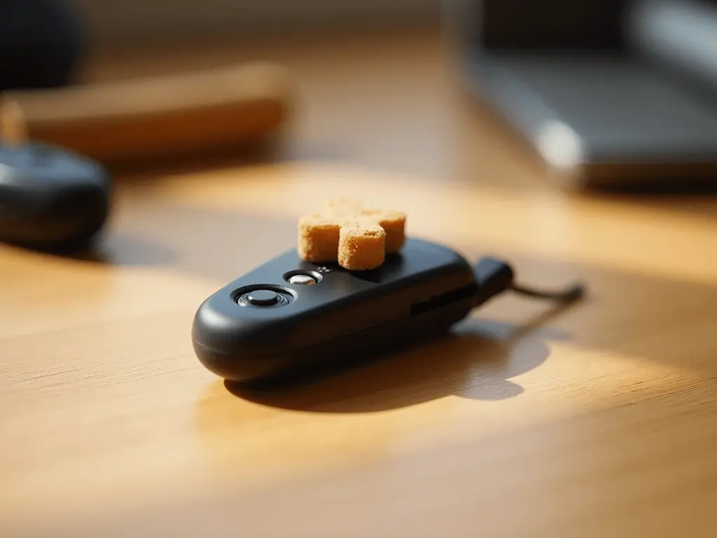 A dog treat placed on a training clicker atop a wooden surface, symbolizing training essentials.