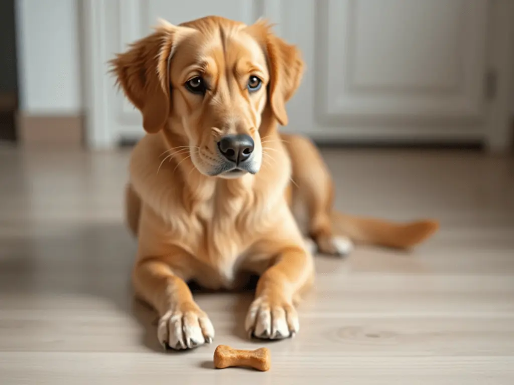 A patient dog waiting calmly beside an untouched treat, symbolizing patience.