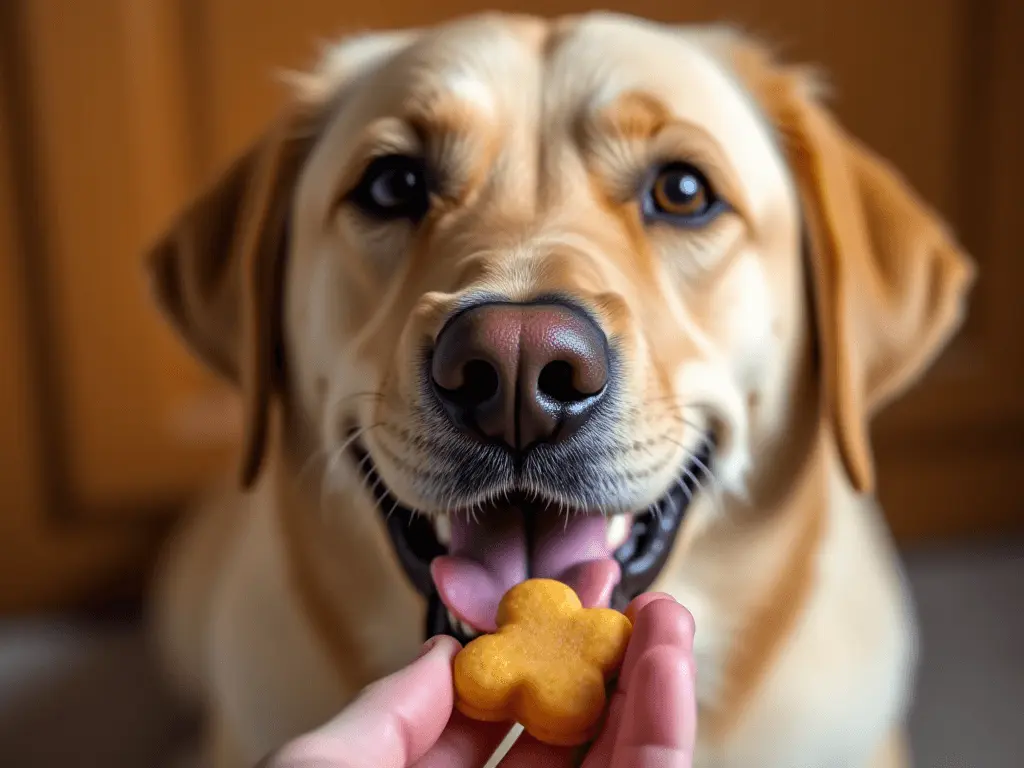 A dog happily receiving a treat from a hand, symbolizing positive reinforcement.